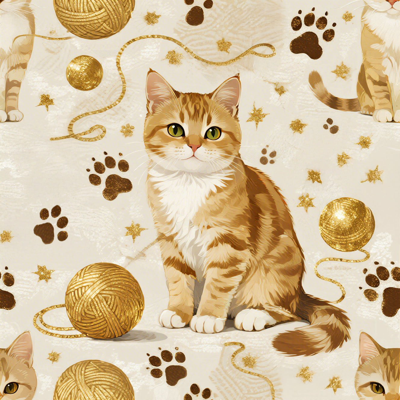 Adorable ginger cat with bright green eyes, sparkling gold yarn and paw prints, classic tabby cat illustration, cream background, cute and charming pet themed art