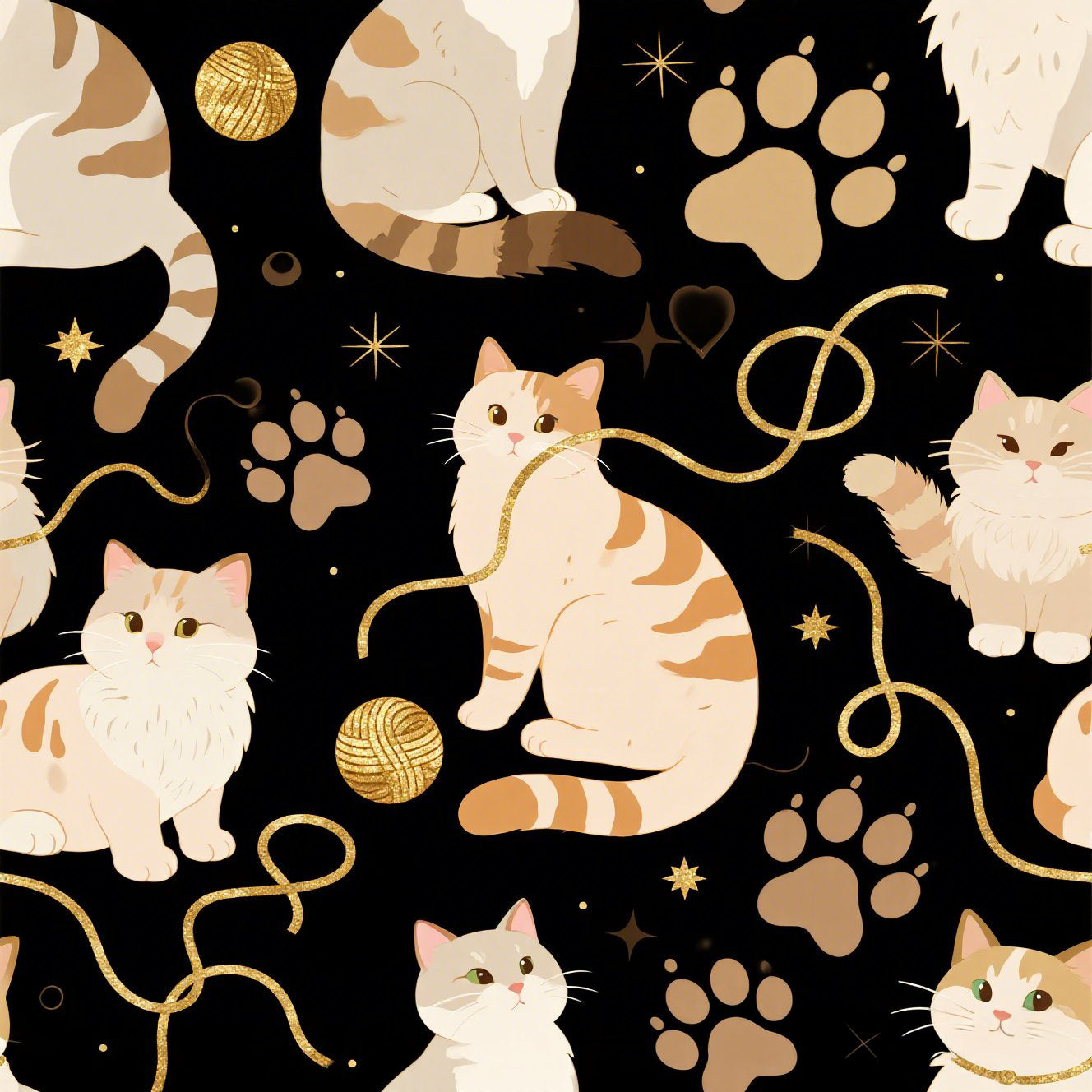 Elegant felines and sparkling gold yarn on black, adorable cats with golden paw prints, sophisticated pet motif, charming animal pattern, cozy and warm artistic illustration