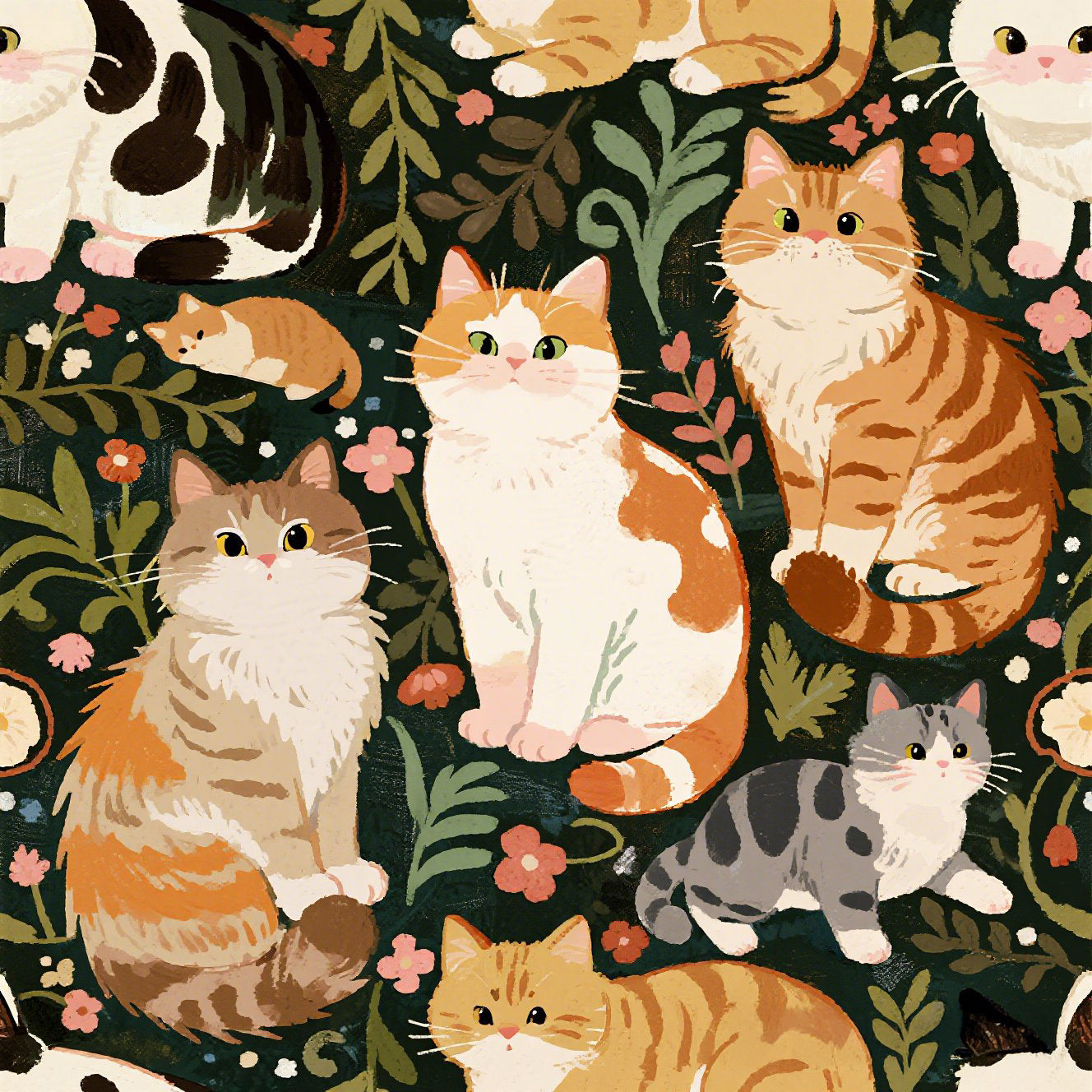 Whimsical cat and kitten garden party, various cat breeds amidst green foliage and pink flowers, charming animal illustration, dark forest green background, playful and natural art