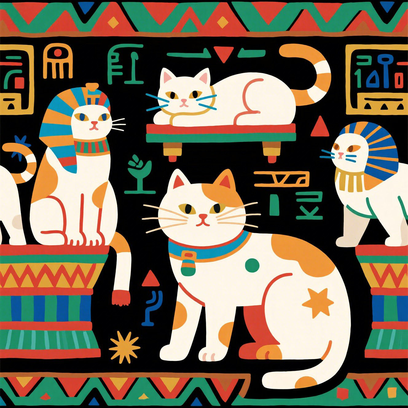 Ancient Egyptian Felines with Hieroglyphs and Colorful Borders Adorn this Playful and Culturally Rich Cat Pattern