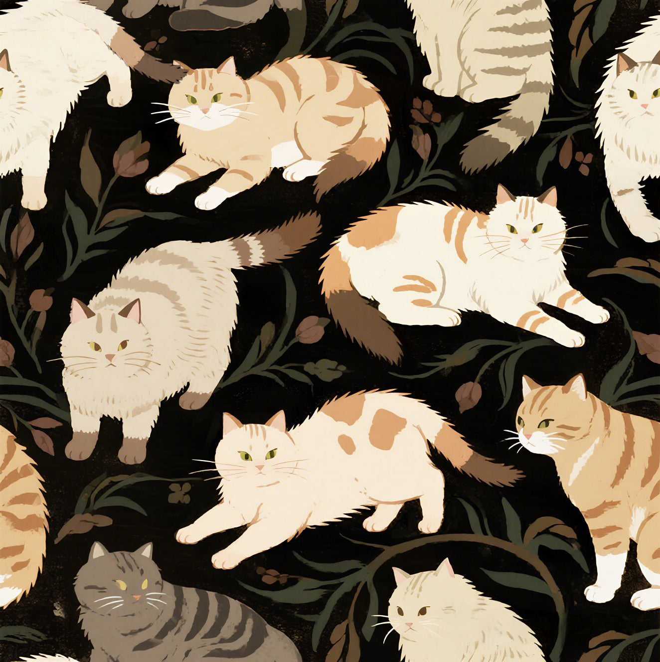 Earthy Toned Cats Lounge and Play Amidst Dark Foliage in a Serene and Naturally Inspired Seamless Pattern Design