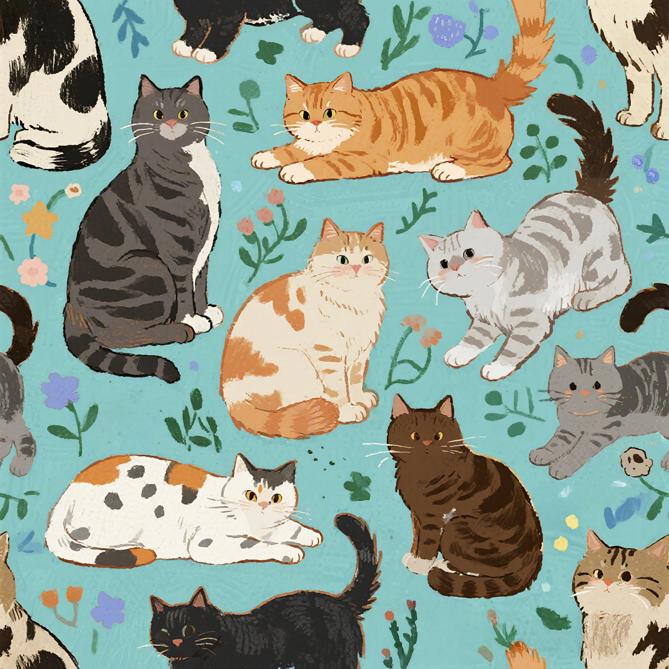 A Delightful Assortment of Charming Cats in Diverse Poses and Breeds Scattered Across a Soft Blue Floral Background