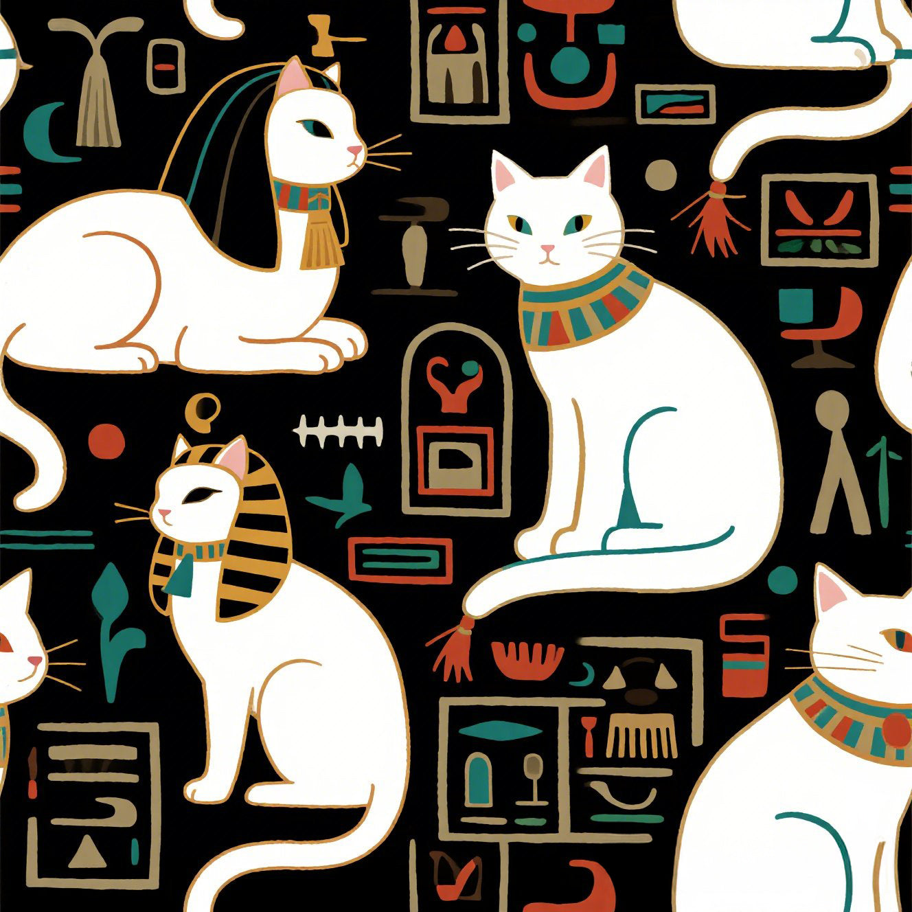 Regal White Egyptian Cats with Ornate Collars and Ancient Symbols Adorn this Historically Inspired and Mystical Pattern