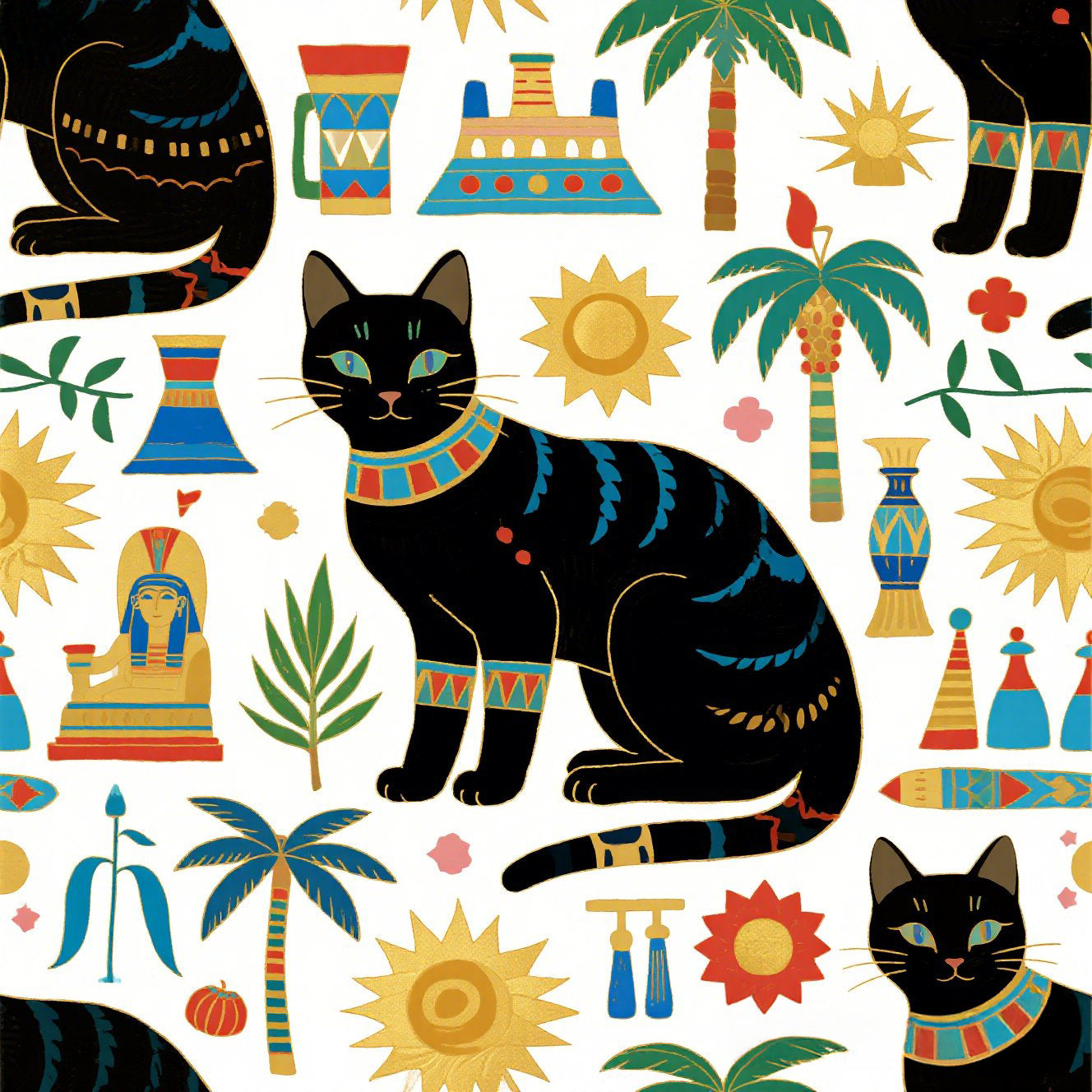 Majestic Black Egyptian Cats with Vibrant Adornments and Desert Motifs Create a Striking and Culturally Rich Design