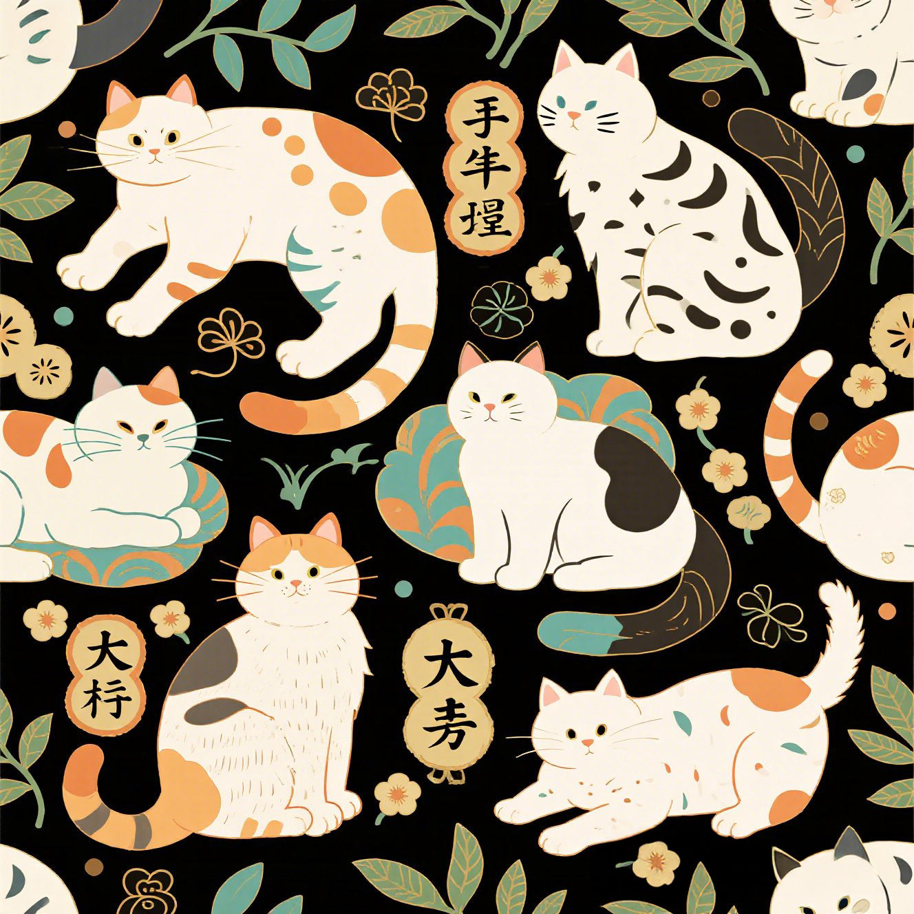 Traditional Japanese Maneki-Neko Cats and Auspicious Symbols Grace a Dark Background in this Fortunate Pattern