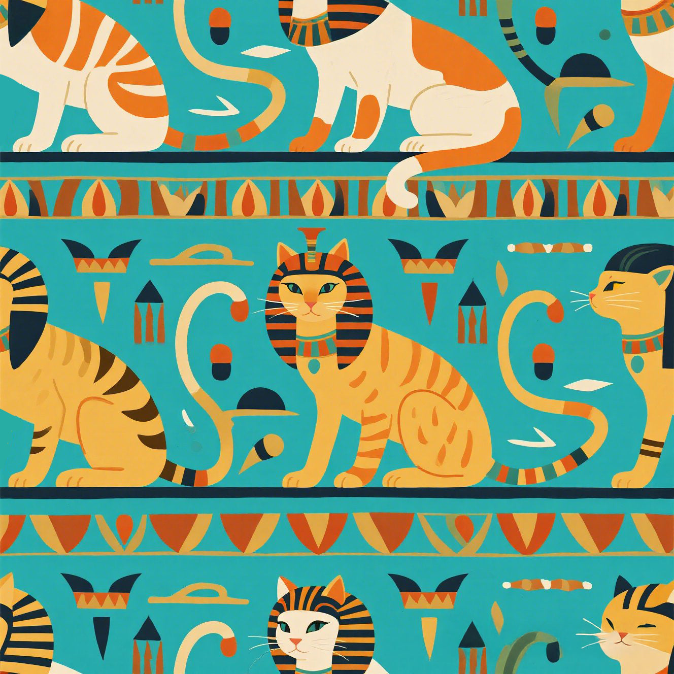 Horizontal Stripes of Golden Egyptian Cats and Intricate Hieroglyphs Form a Repeating and Historically Themed Border Pattern