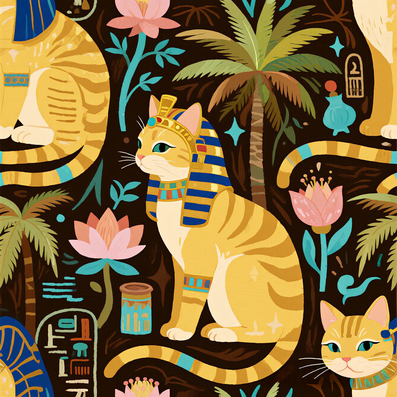 Golden Egyptian Cats with Pharaonic Headpieces Amidst Lush Palms and Lotus Flowers in an Exotic and Vibrant Scene