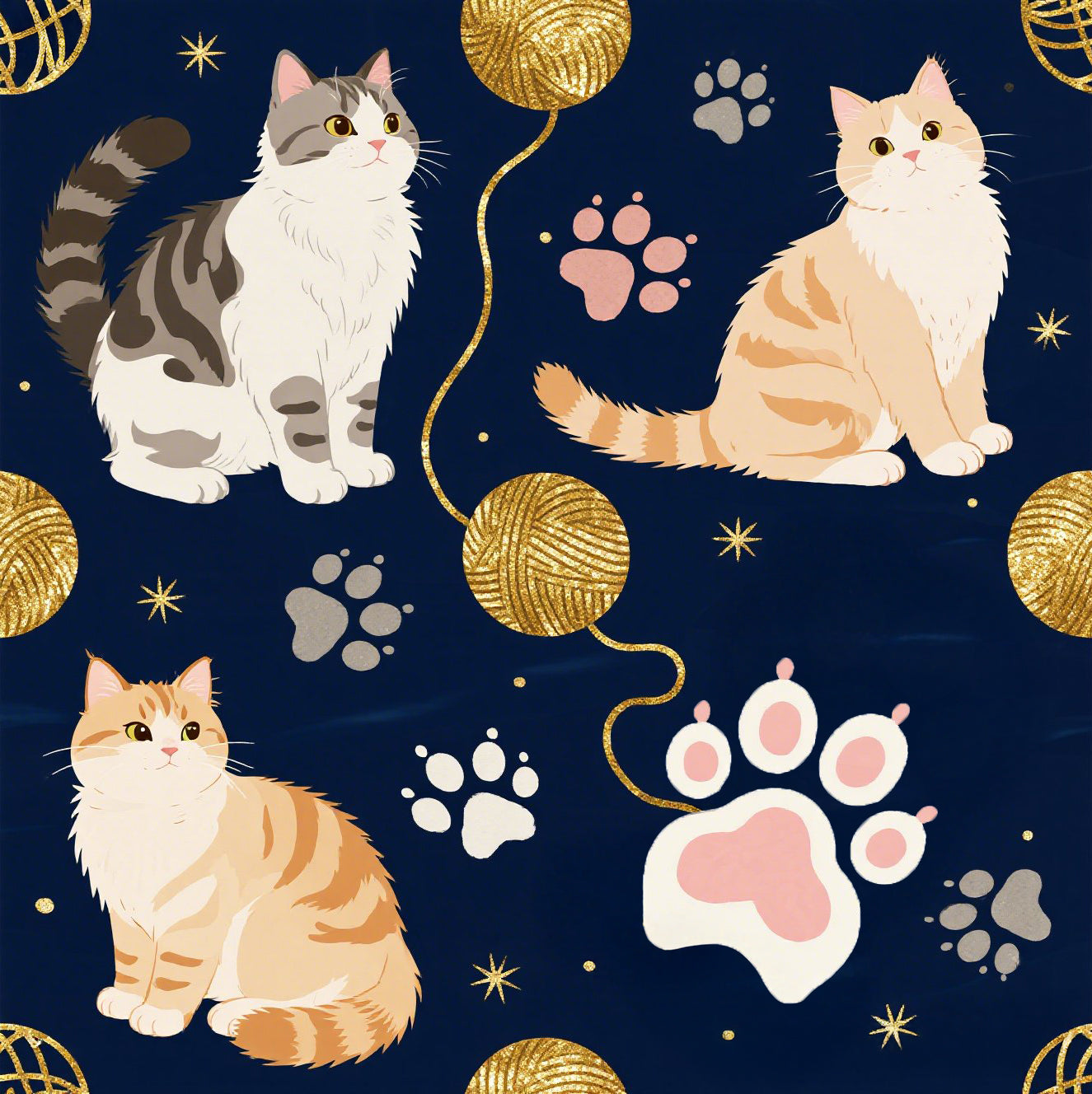 Charming cats and golden yarn playful design, cute kittens with paw prints, whimsical animal art for cat lovers, dark blue background, delightful pet themed illustration