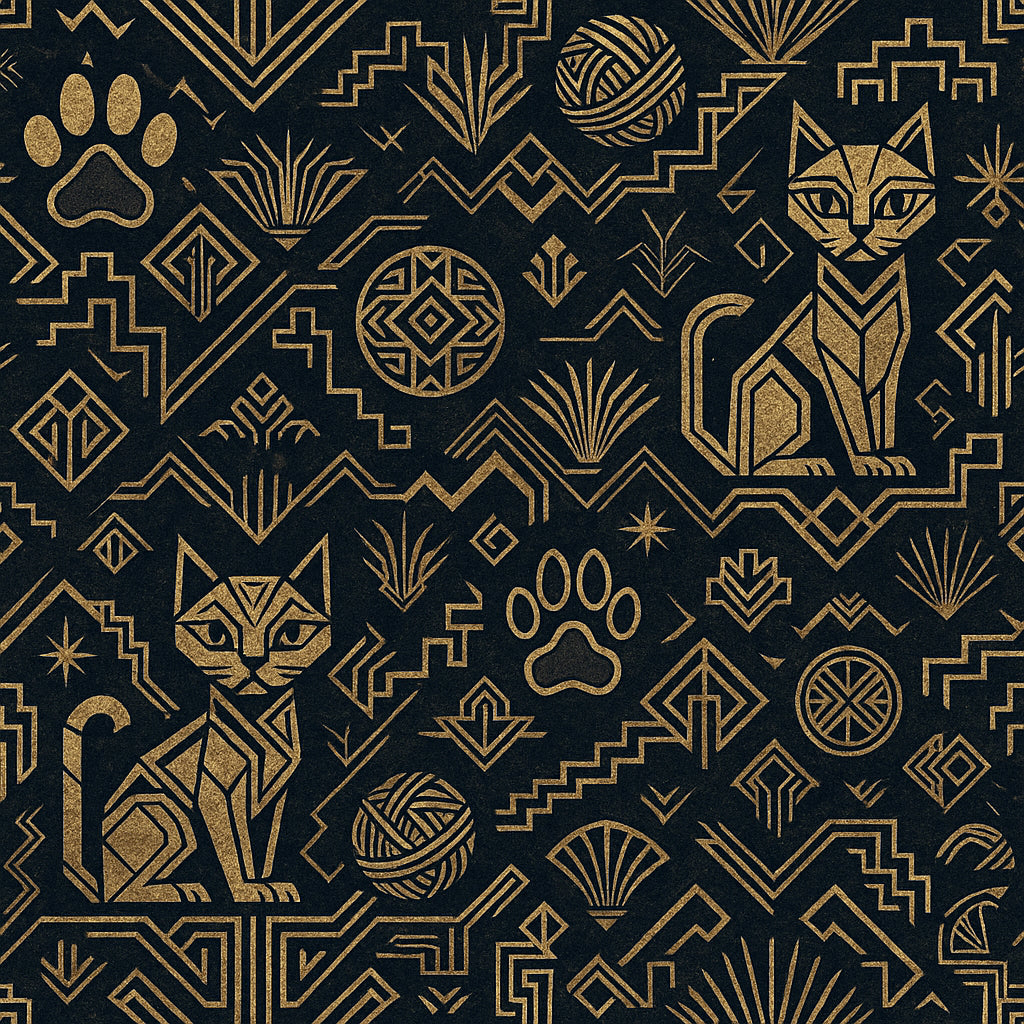 Art Deco Inspired Golden Cat Silhouettes and Geometric Patterns Create a Sophisticated and Stylized Modern Design