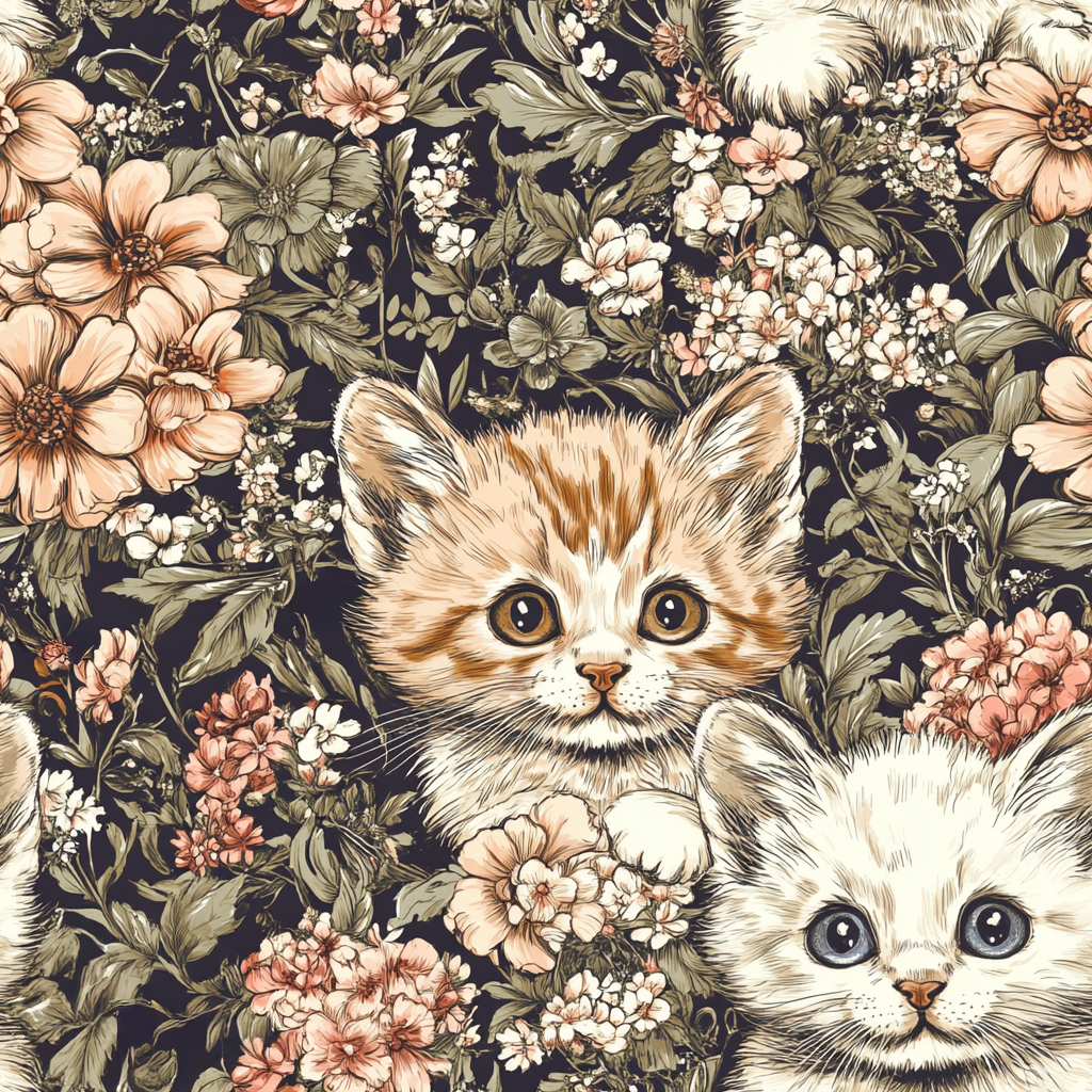 Peach and White Kittens in Dark Floral Garden, Vintage Style, Sweet and Charming Scene