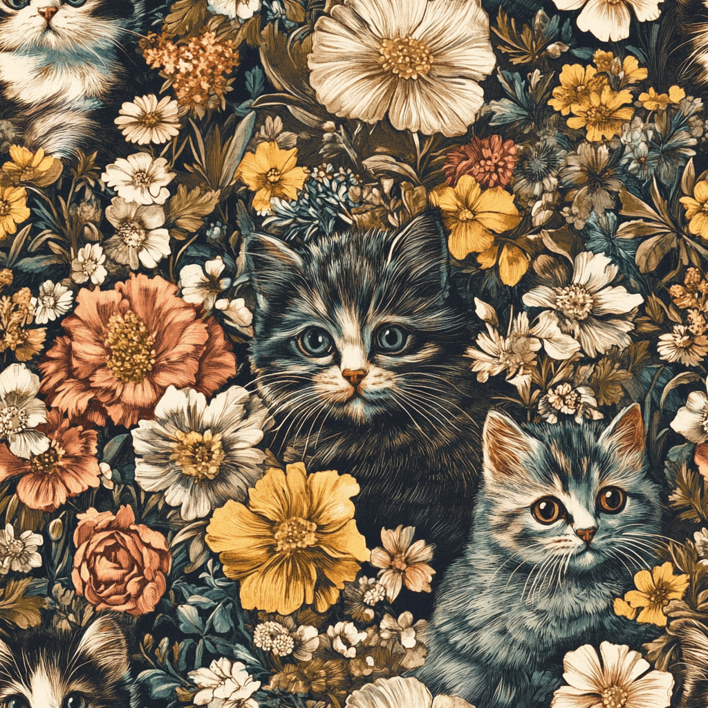 Grey Tabby Kittens Among Yellow and Peach Flowers, Moody Vintage Botanical Illustration