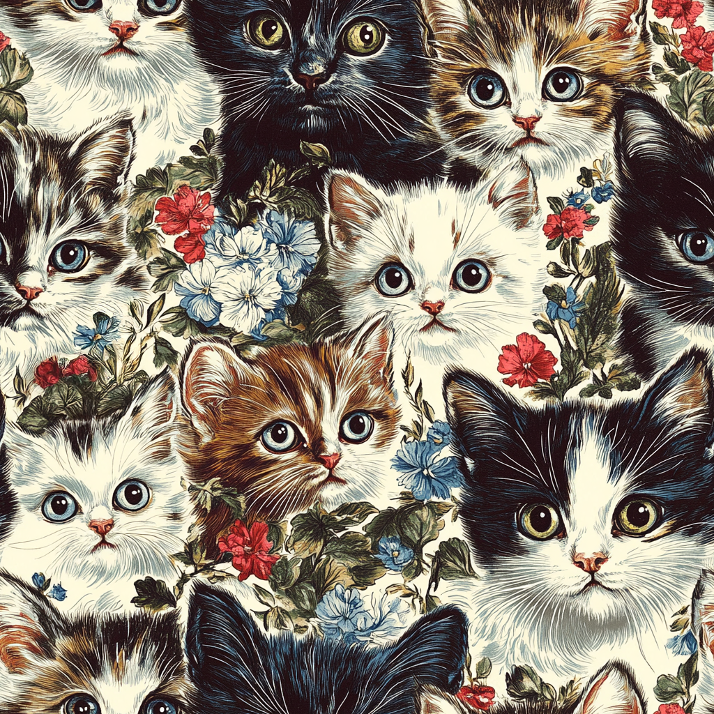 Colorful Kitten Faces with Red and Blue Flowers, Whimsical and Bright, Pattern Design