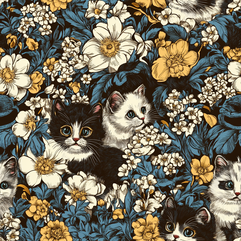 Black and White Kittens with Yellow and White Flowers, Dark Blue Leaves, Vintage Charm