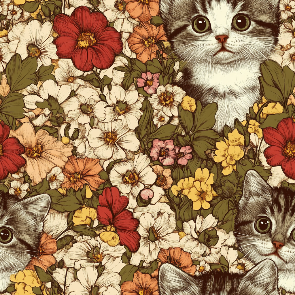 Grey Tabby Kittens in a Garden of Red, Peach, and Yellow Flowers, Soft Vintage Style