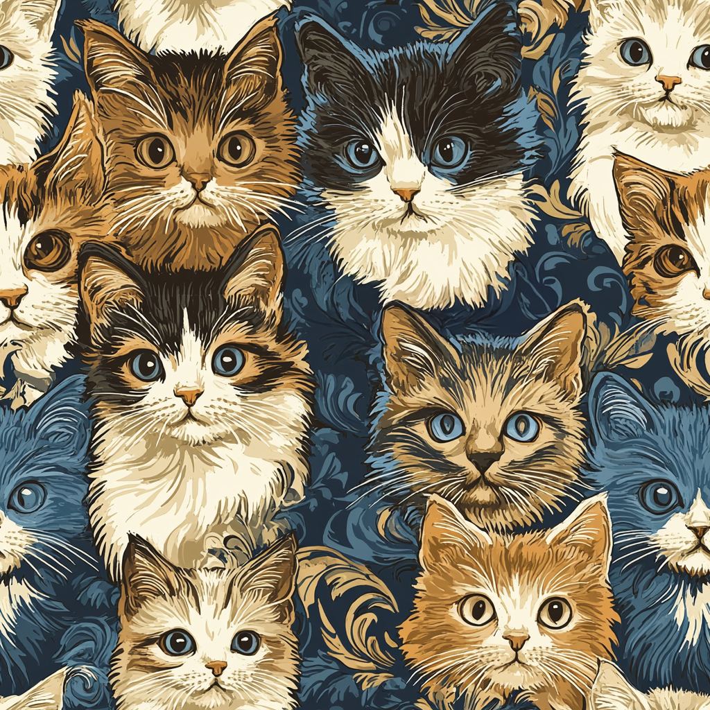 Blue Eyed Cats with Brown and White Fur on a Deep Blue Damask Background