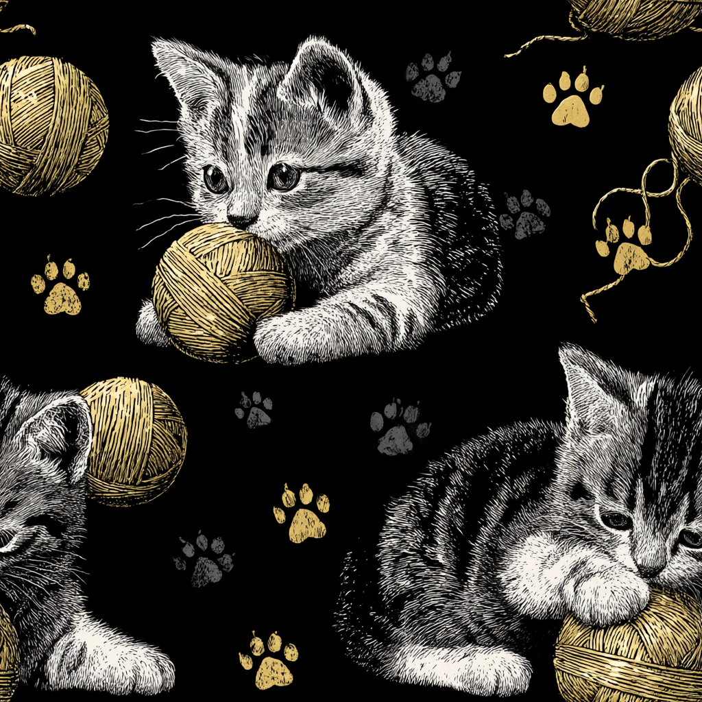 Grey and White Kittens Playing with Golden Yarn on a Black Background with Paw Prints