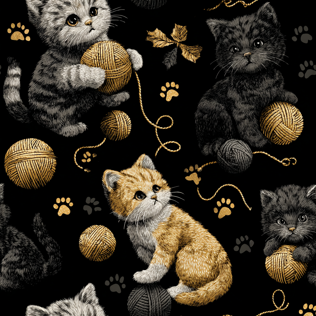 Assorted Cute Kittens with Colorful Yarn Balls and Paw Prints on a Black Backdrop