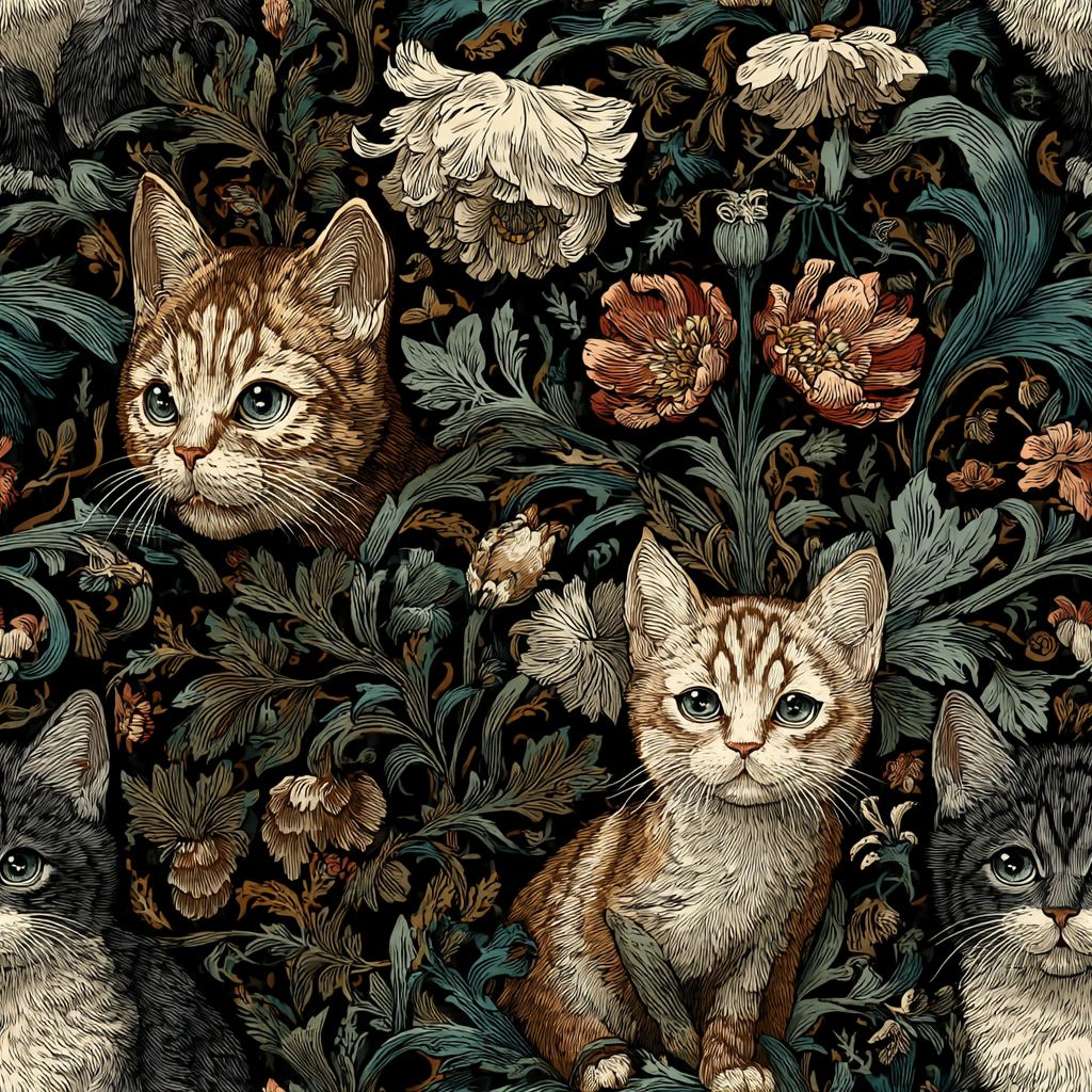 Brown Tabby Kittens Among Dark Green and Peach Floral Vines, Moody Vintage Style