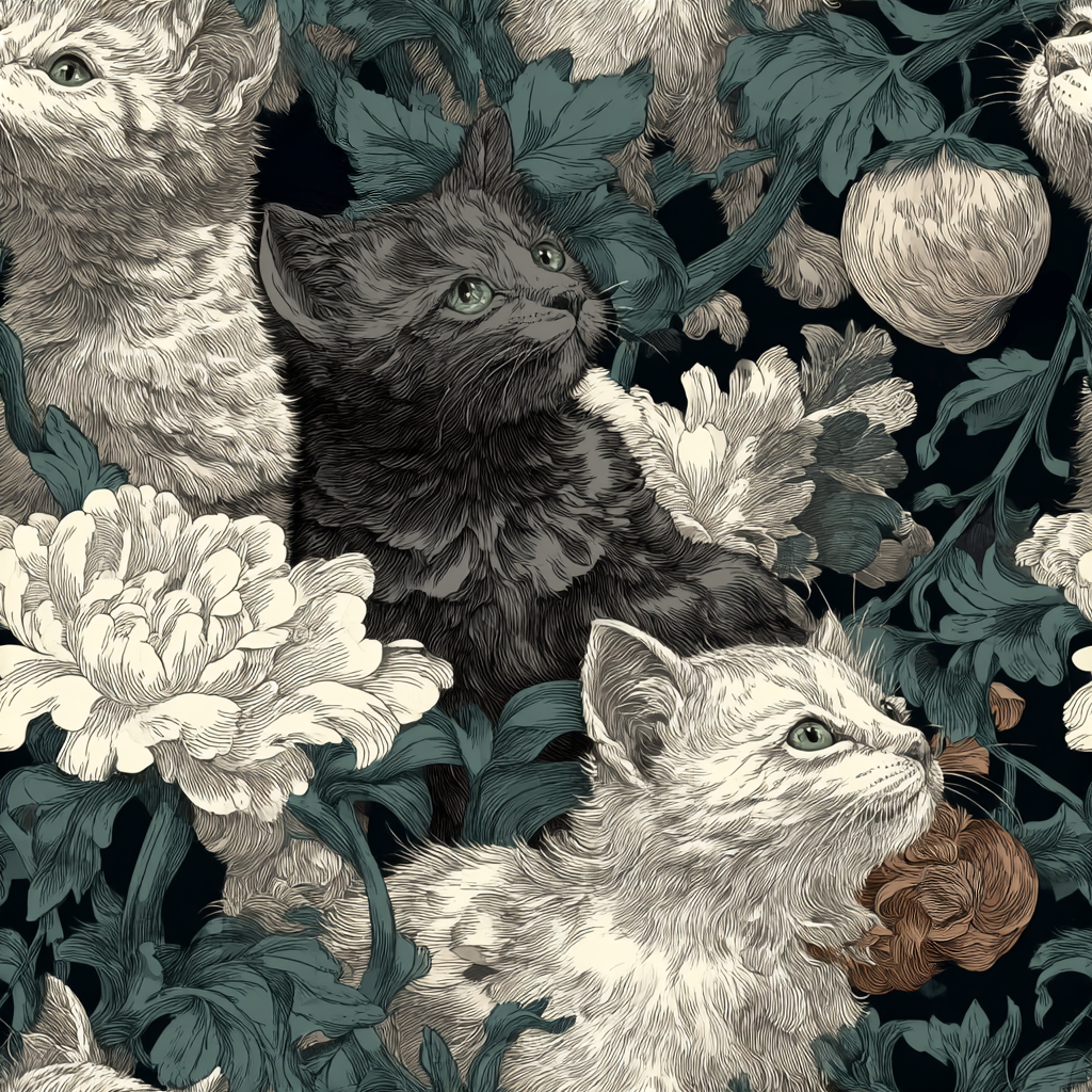 Grey and White Kittens with Creamy White Flowers and Dark Green Foliage, Elegant Vintage Vibe