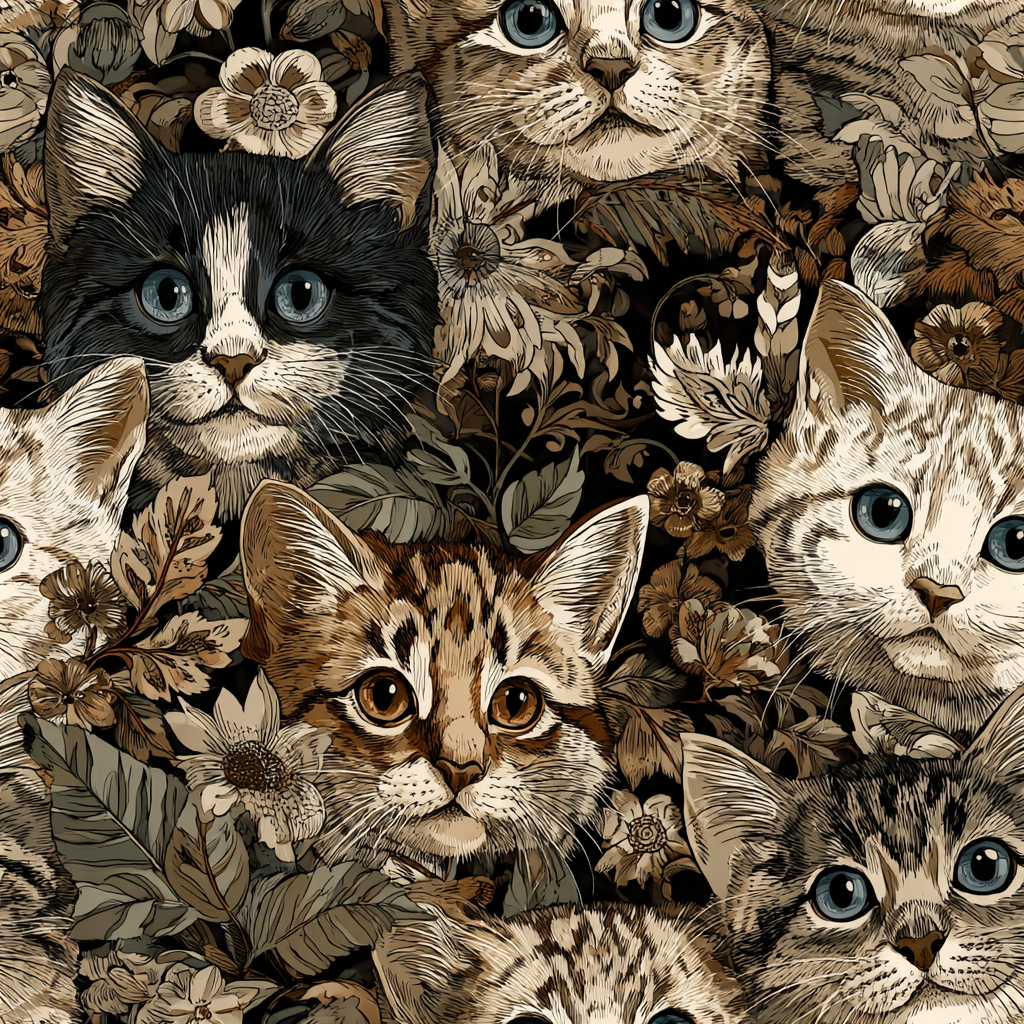 An intricate and detailed vintage illustration featuring a close-up of various fluffy cats with bright eyes amidst lush, ornate floral foliage in sepia tones.
