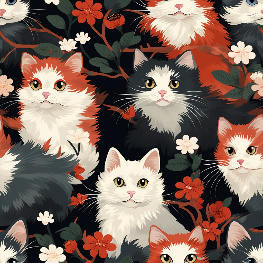 A detailed and ornate Victorian-style pattern featuring a tight grouping of fluffy cats of various colors surrounded by black and red flowers and leaves.