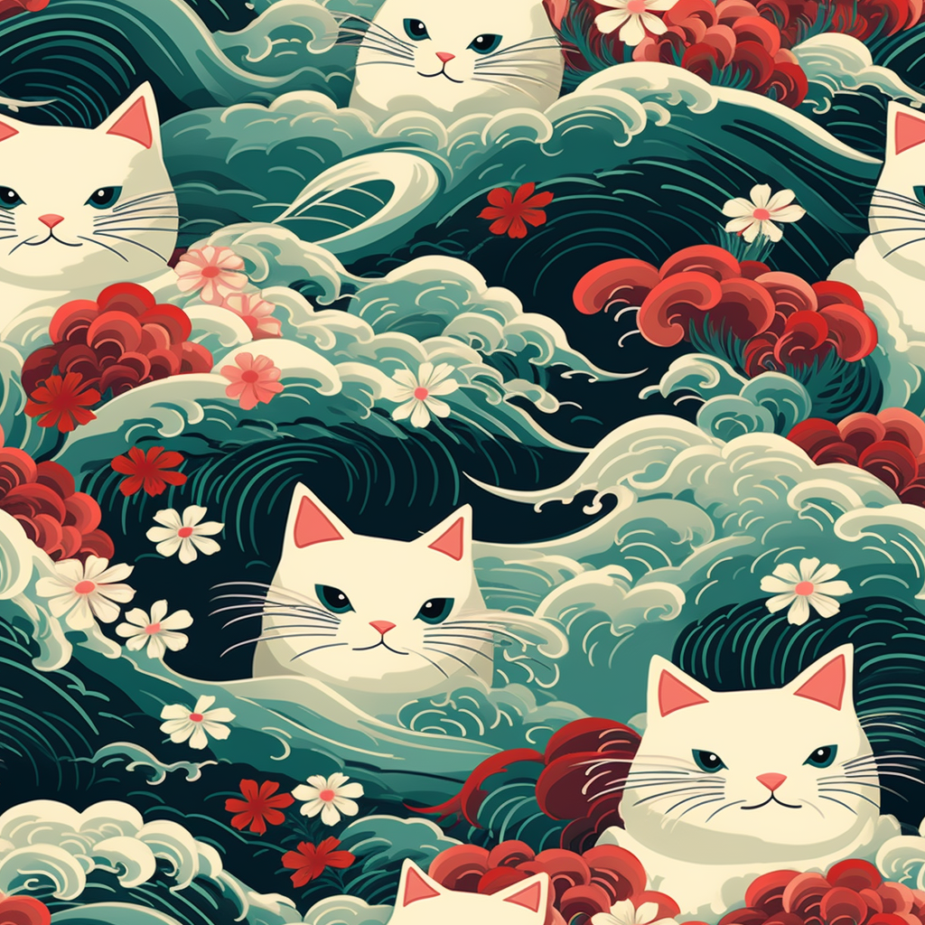 A dramatic and powerful Japanese woodblock print-style illustration of cats amidst powerful waves, red flowers, and white cherry blossoms.