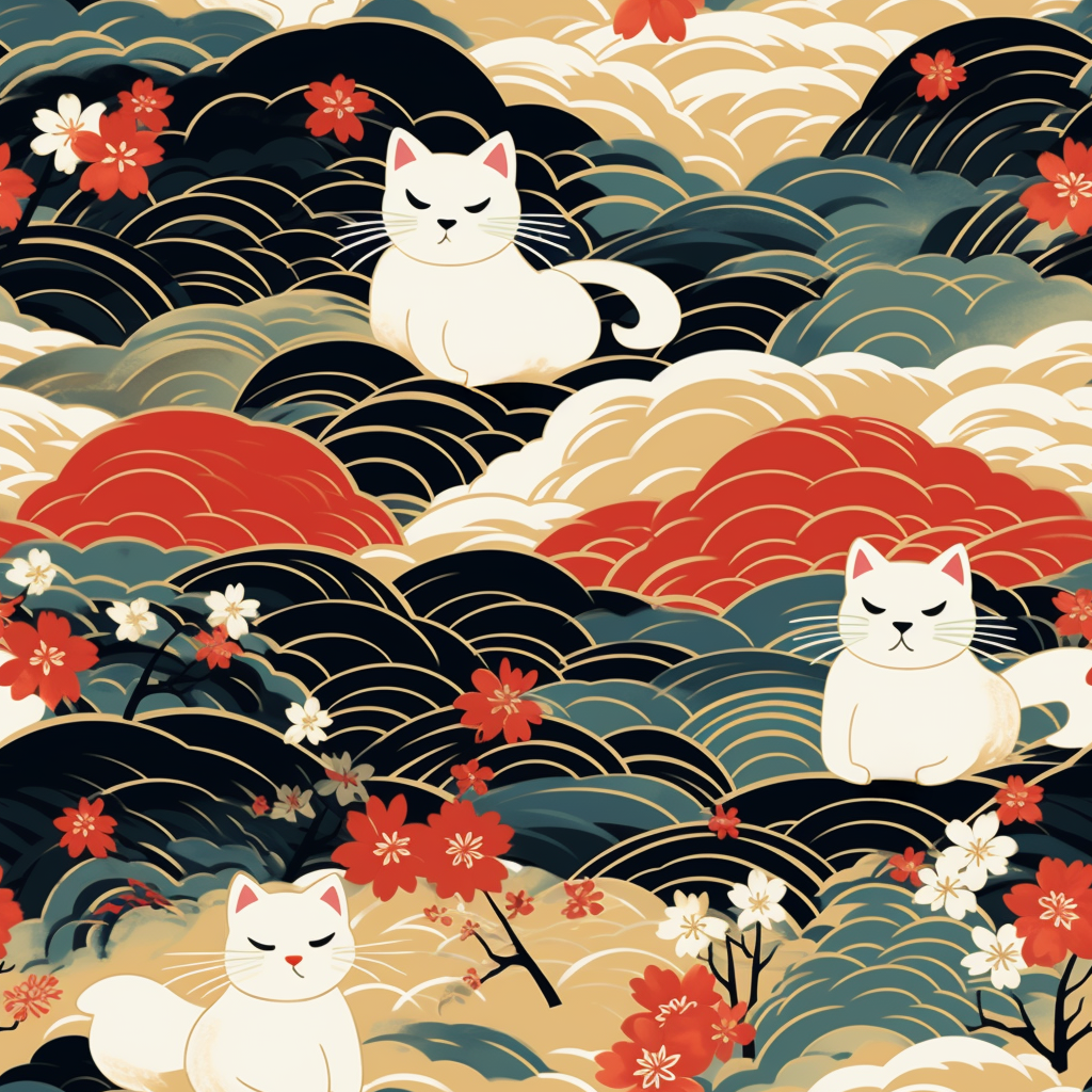 A beautiful, Japanese-inspired illustration of tranquil white cats resting on rolling clouds with vibrant red and white cherry blossoms.