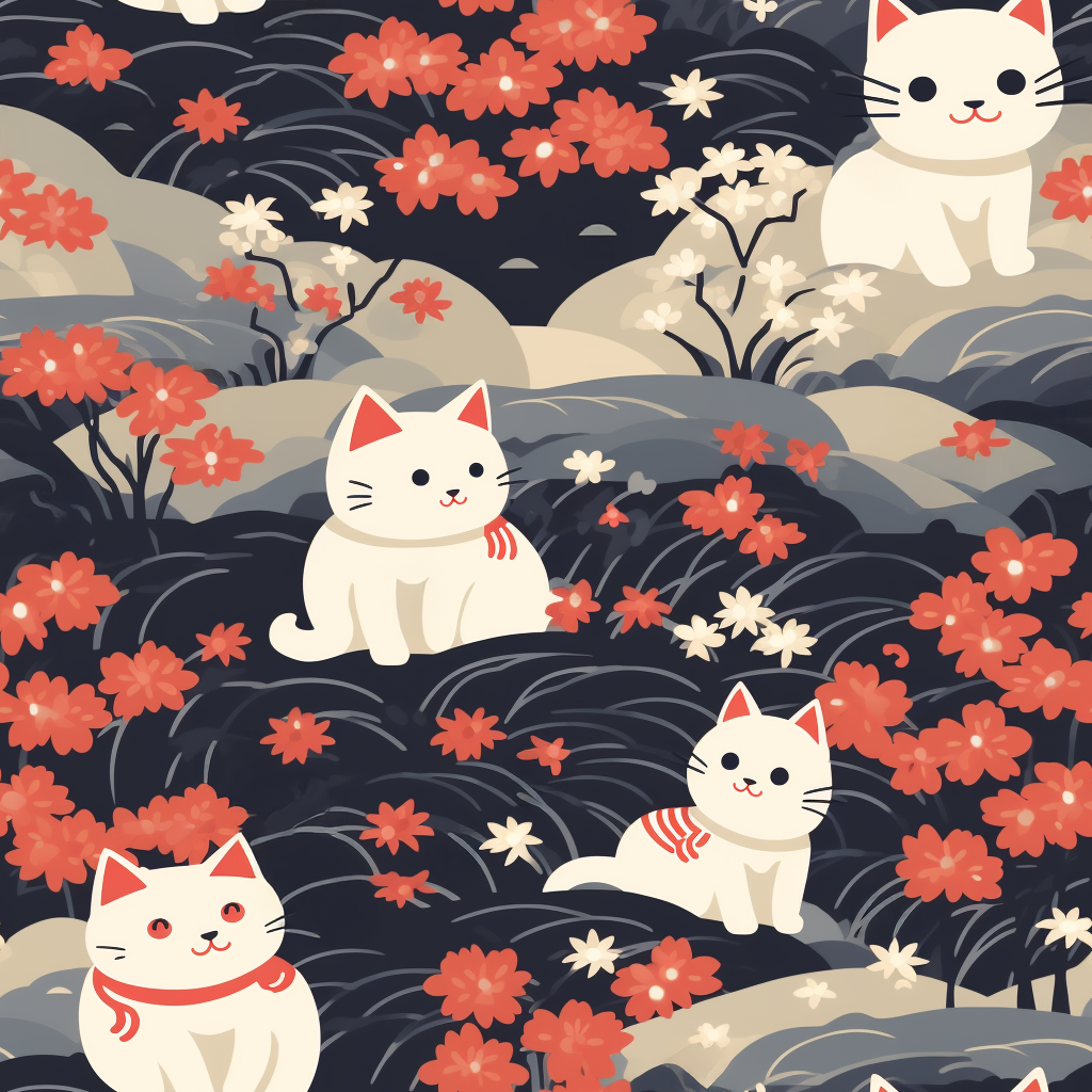 A charming, minimalist, Japanese-style illustration of cute white cats sitting amongst vibrant red and white flowers on a dark background.