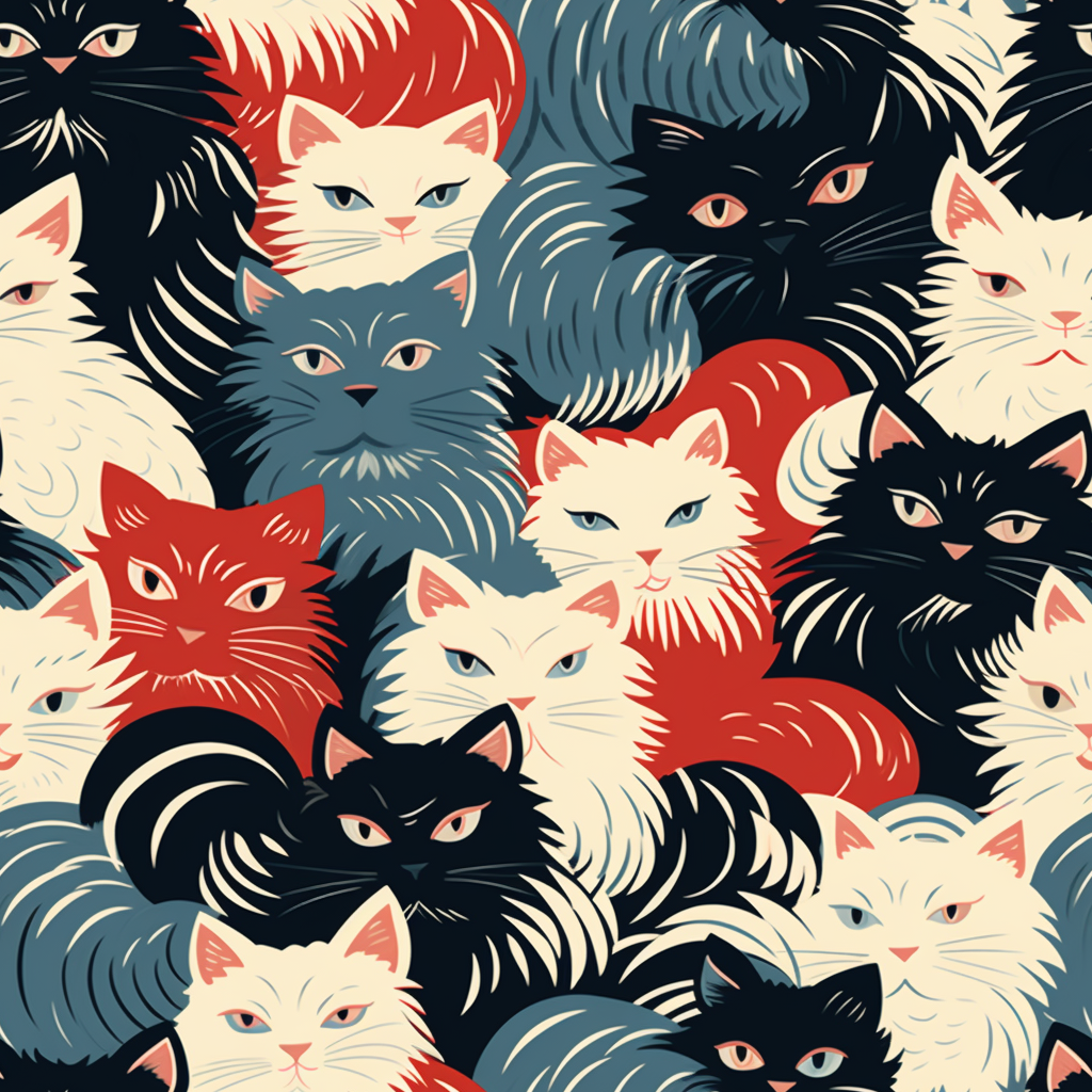A bold and graphic pop art style illustration featuring a tight-knit cluster of various fluffy felines in black, white, red, and blue.