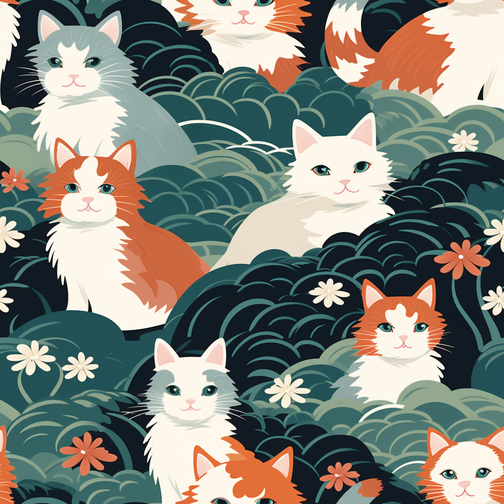 A whimsical, fluffy, watercolor depiction of various cats of different colors peeking out from a dense dark blue and green bush with white flowers.