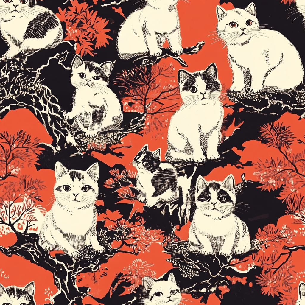 A striking black-and-white illustration with red accents of charming cats perched on the branches of trees in a beautiful Japanese woodblock print style.