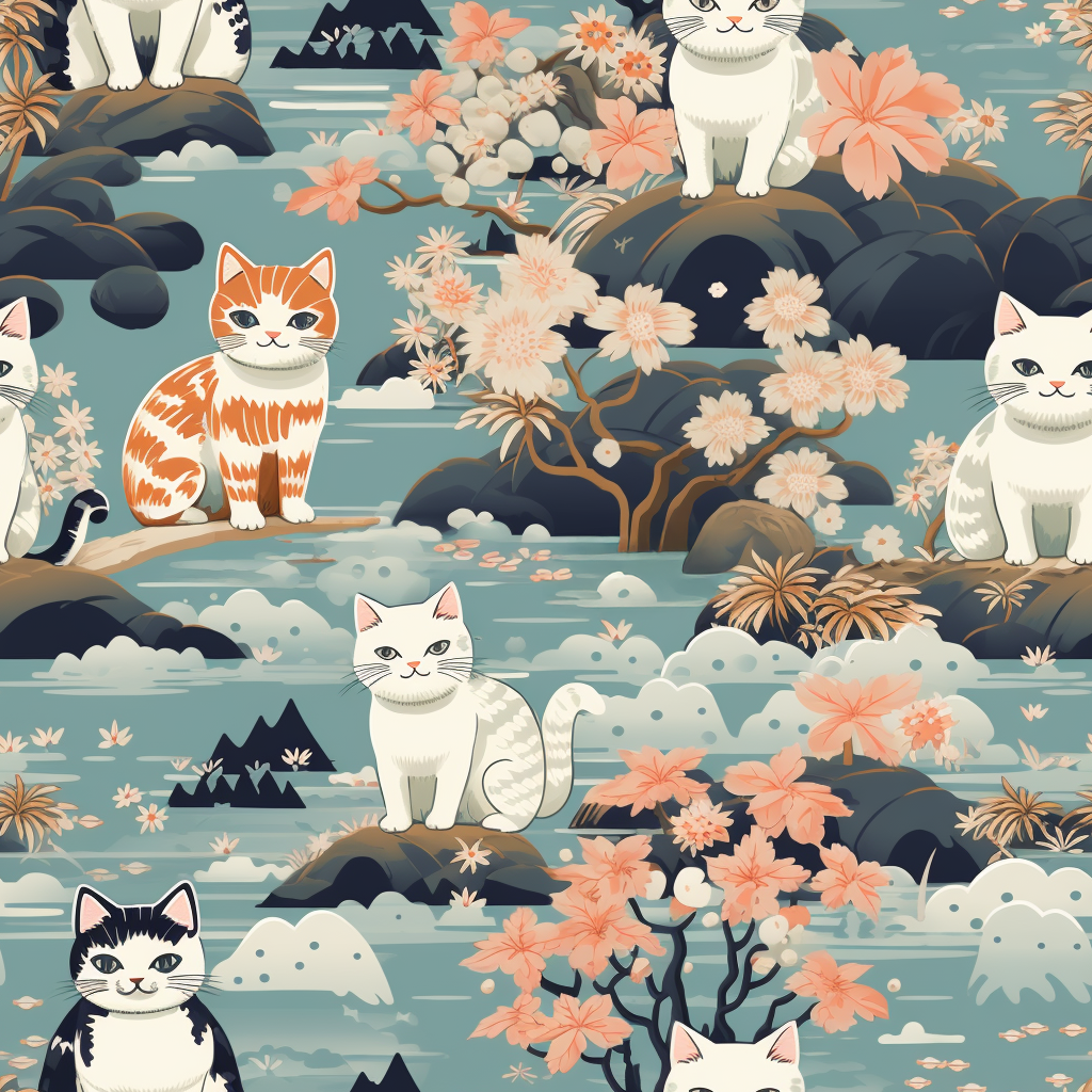 A serene watercolor painting of fluffy cats lounging on rocks, surrounded by cherry blossoms and blue water, in a tranquil, nature-filled, Japanese-inspired landscape.