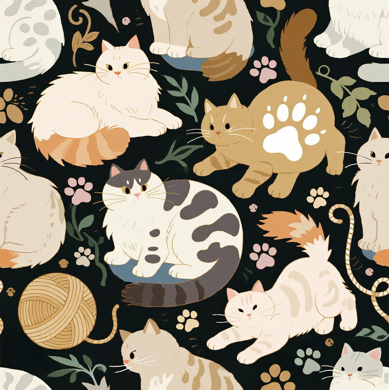 Diverse cats and kittens in a dark garden, various breeds and colors, soft natural tones with foliage and paw prints, charming animal illustration, dark background, gentle pet themed art