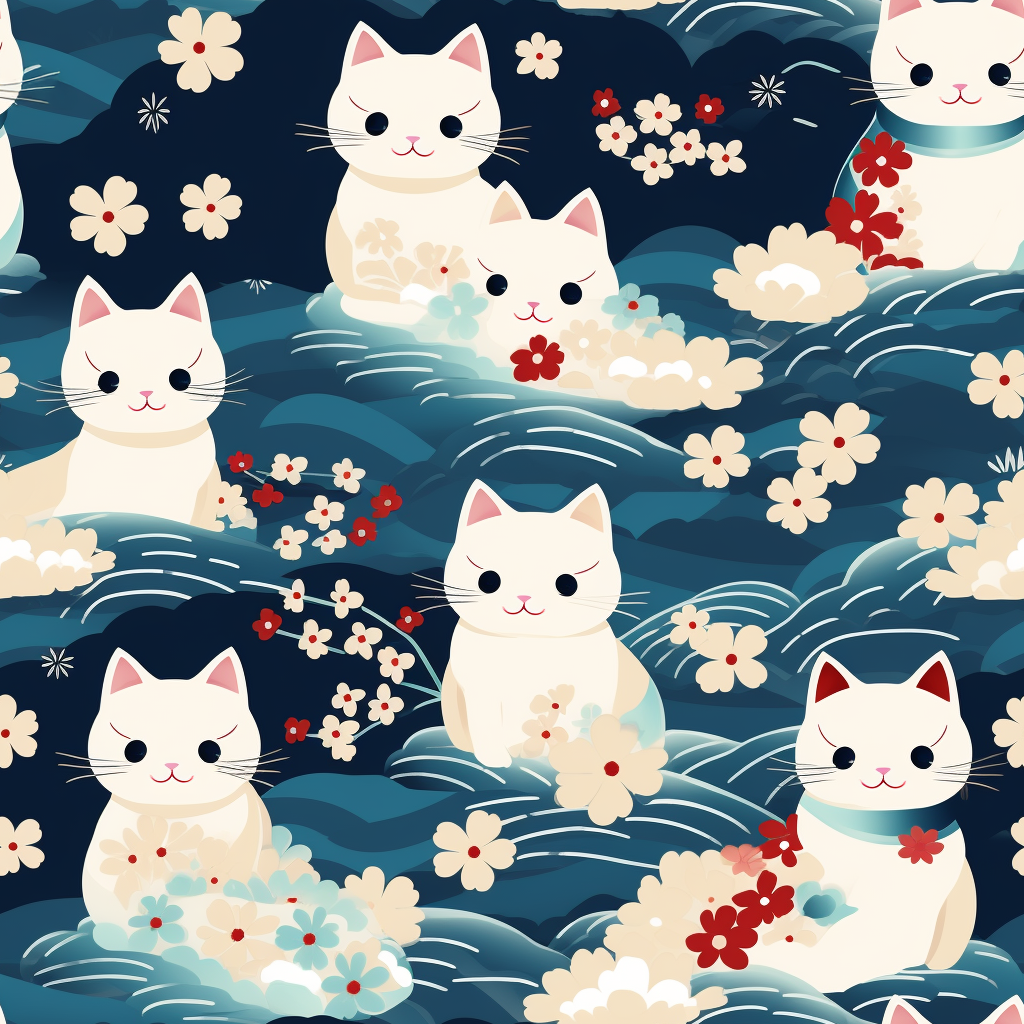 A lovely, playful, Japanese-inspired illustration of sweet white cats sitting on rolling blue waves with red and white flowers and gentle clouds.