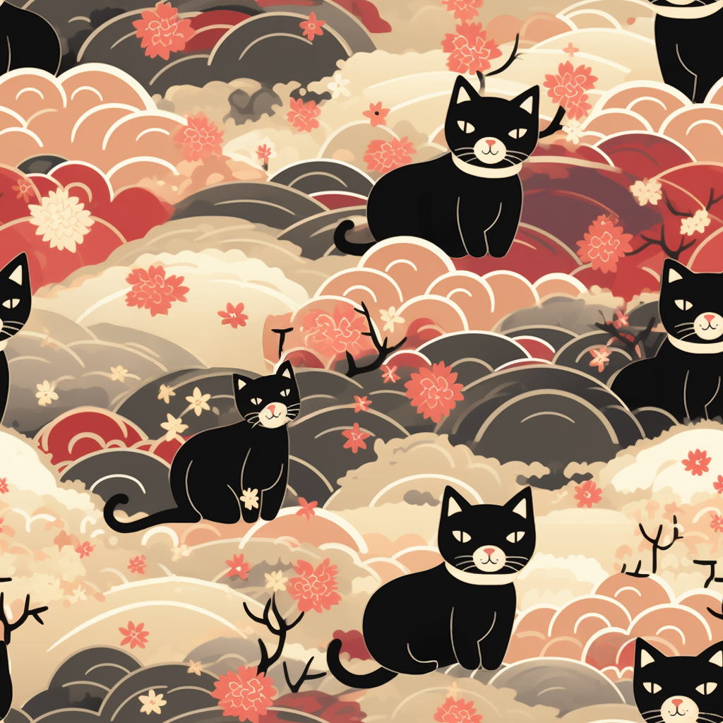 A whimsical and enchanting Japanese-style pattern featuring cute black and orange cats nestled among vibrant orange blossoms and soft, cloudy backgrounds.