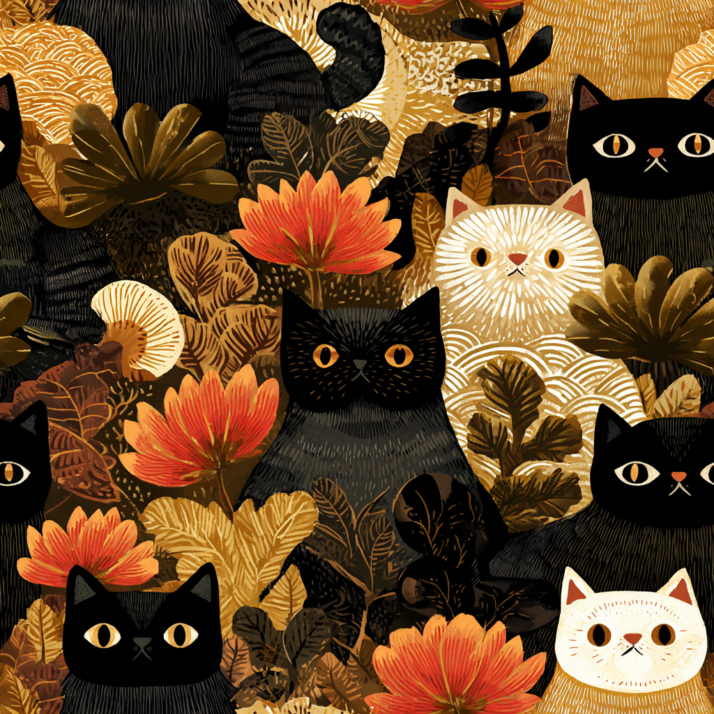 A dark and fantastical illustrative painting of many different cats and plants, creating a dense, mysterious, and golden jungle or forest scene.