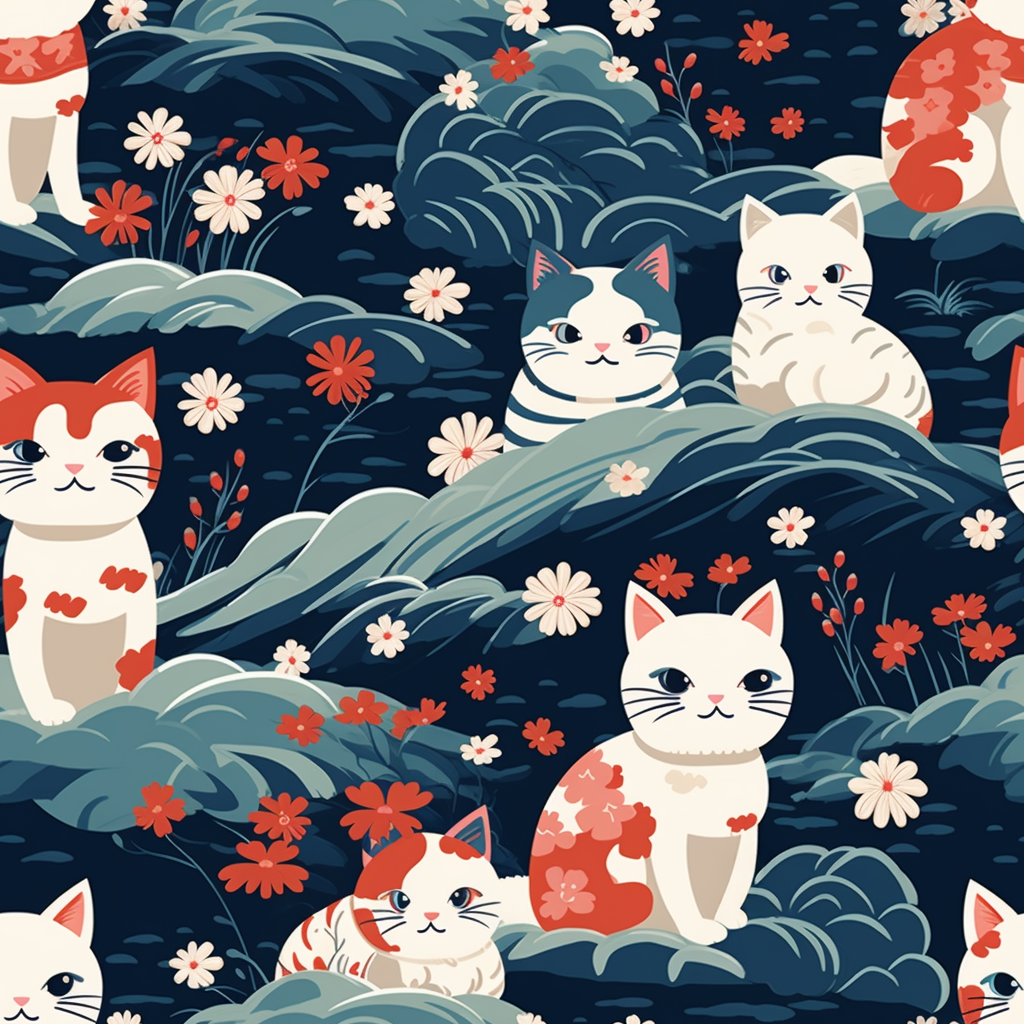 A serene and sweet Japanese landscape pattern featuring multicolored cats relaxing within a tranquil field of red and white flowers and gentle blue hills.