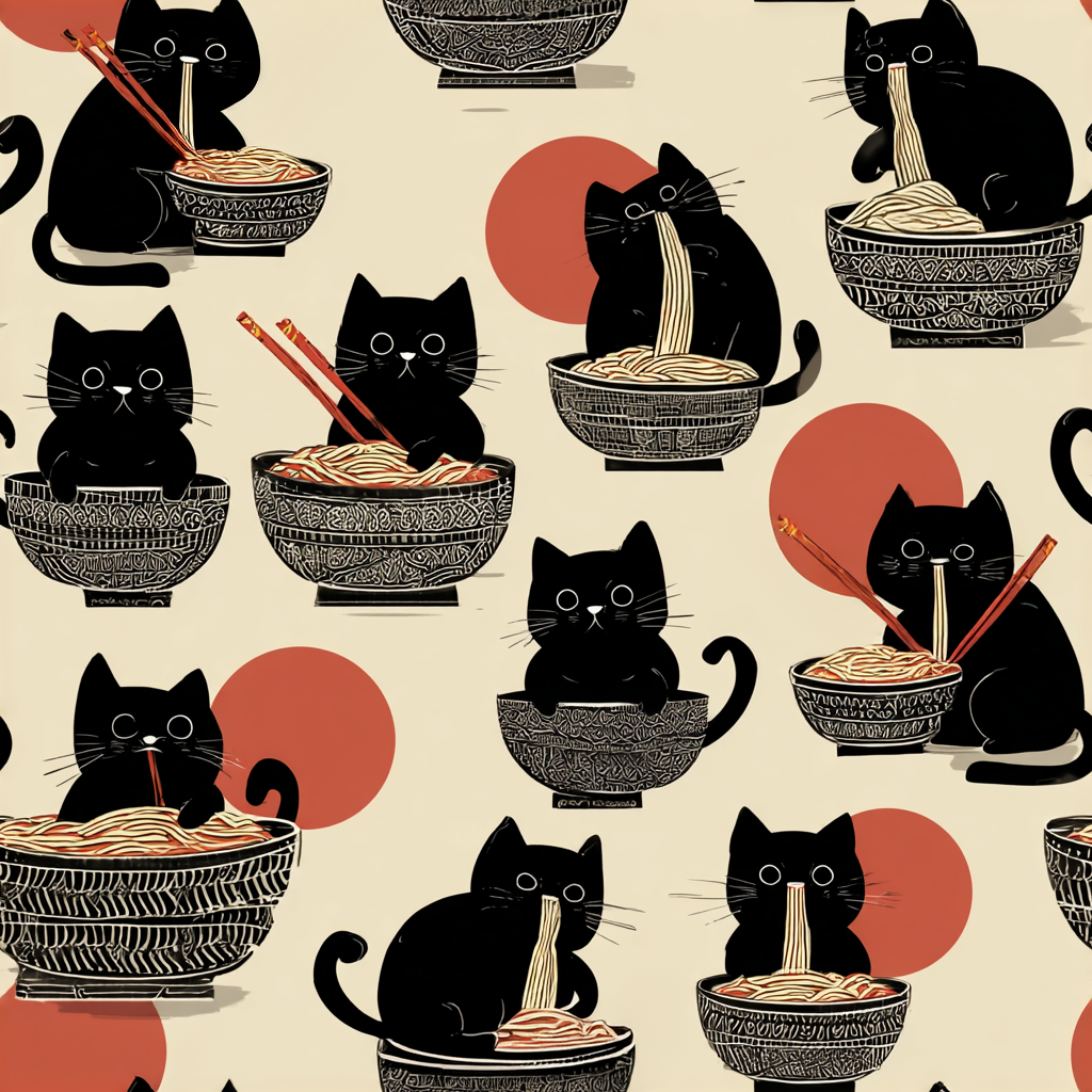 A whimsical and delightful hand-drawn style pattern of adorable black cats eating bowls of delicious ramen noodles with a large red sun in the background.