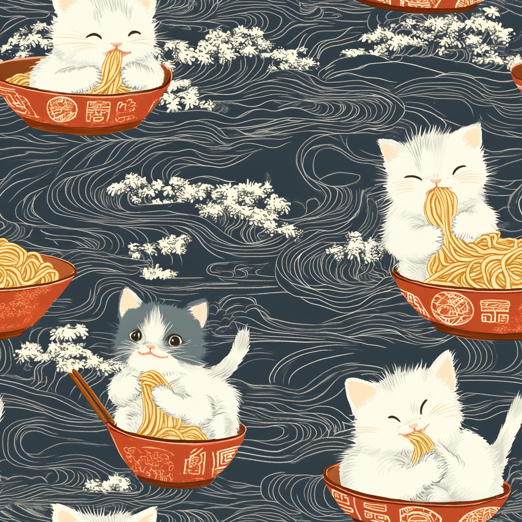 An adorable and cute pattern of baby cats happily eating steaming ramen noodles from traditional red and white bowls with beautiful white floral elements surrounding them.