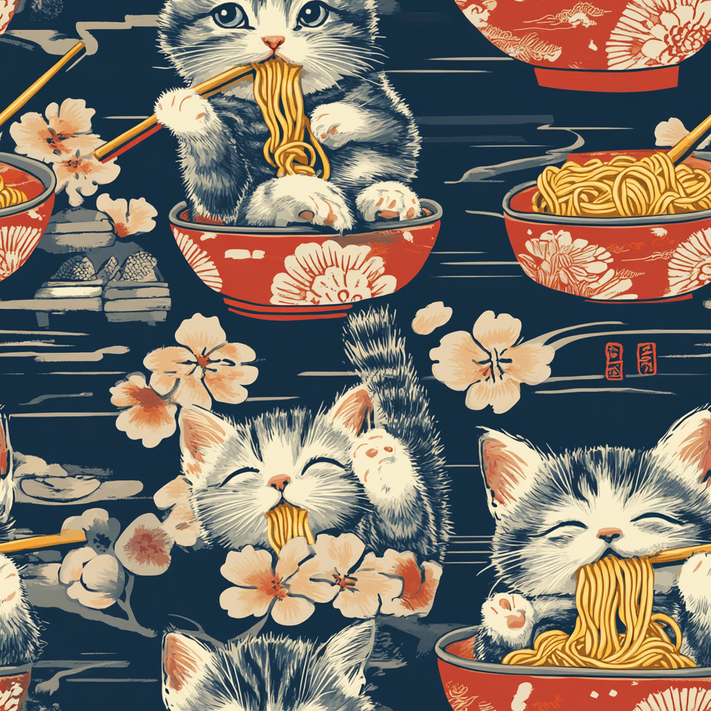 A charming and detailed illustration of happy kittens in red ramen bowls eating their noodles with chopsticks among beautiful pink cherry blossoms on a dark background.