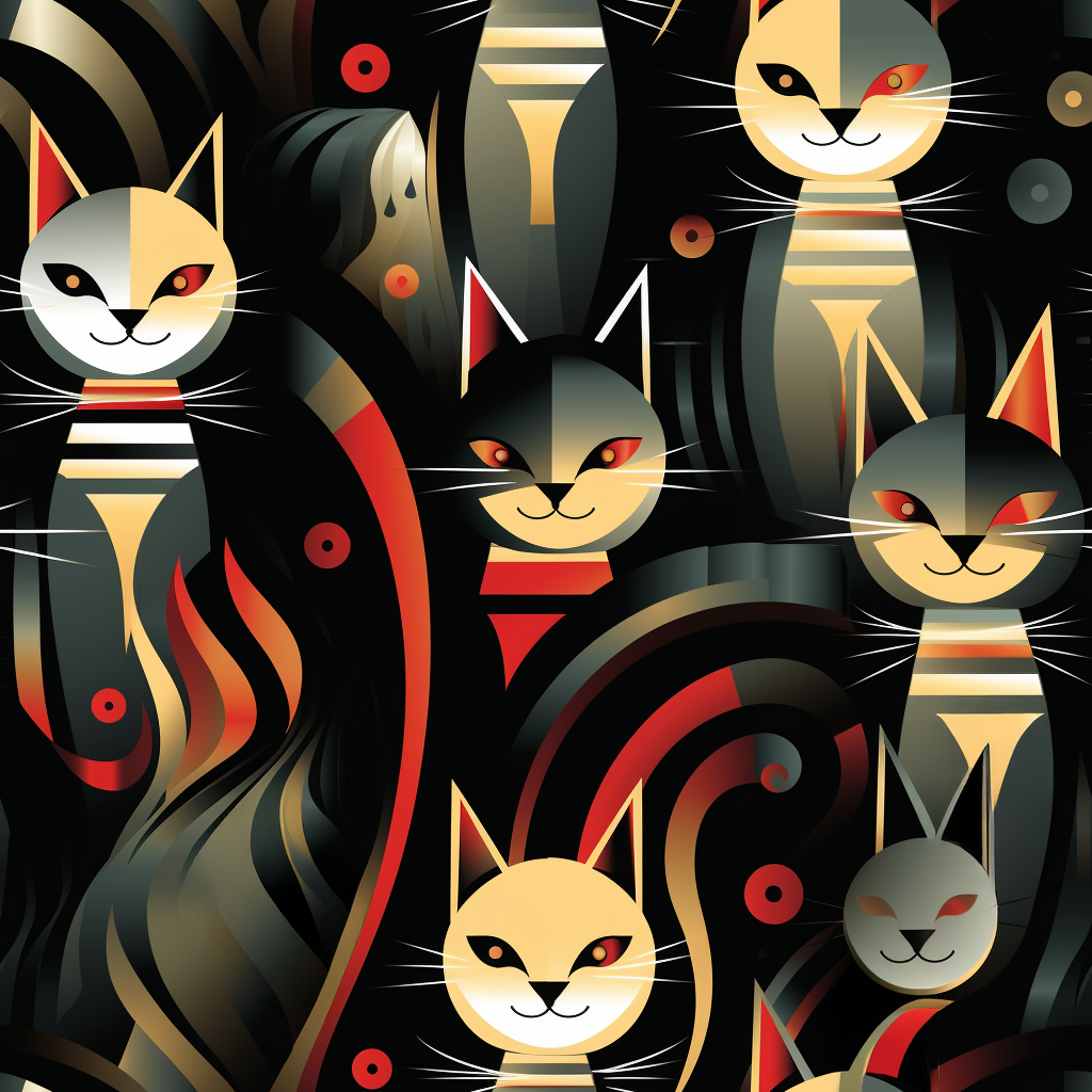 A bold and striking Art Deco pattern showcasing stylized feline portraits with sharp, gold lines and geometric shapes set against a dark, dramatic background.