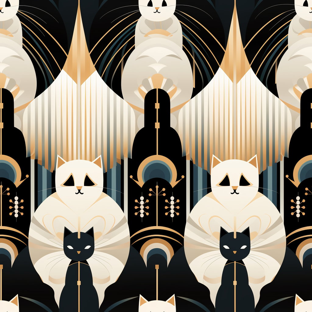 An elegant and artistic Art Deco-style pattern featuring streamlined white cats with a striking geometric backdrop of golden and black lines and shapes.