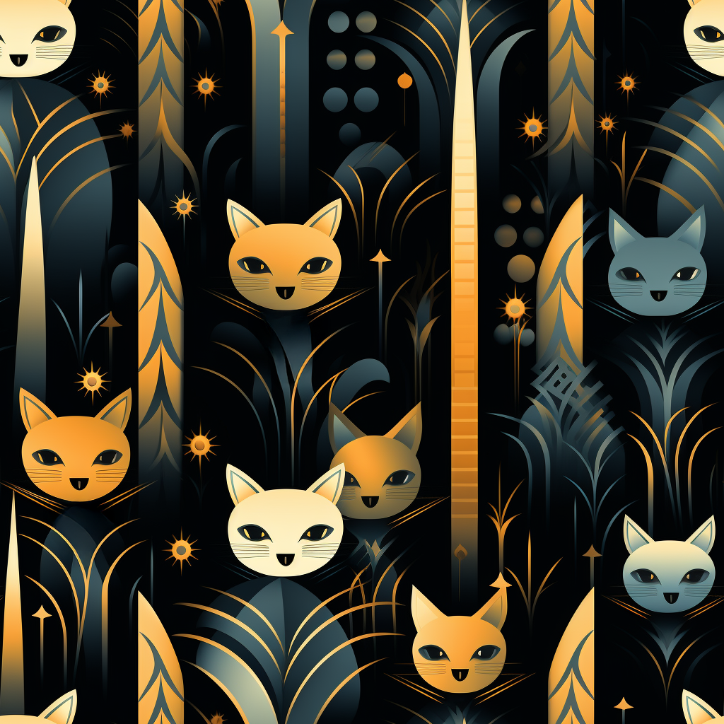 A sleek and stylish Art Deco-inspired pattern depicting a serene nocturnal landscape with streamlined cat silhouettes and radiating golden light among abstract plants.