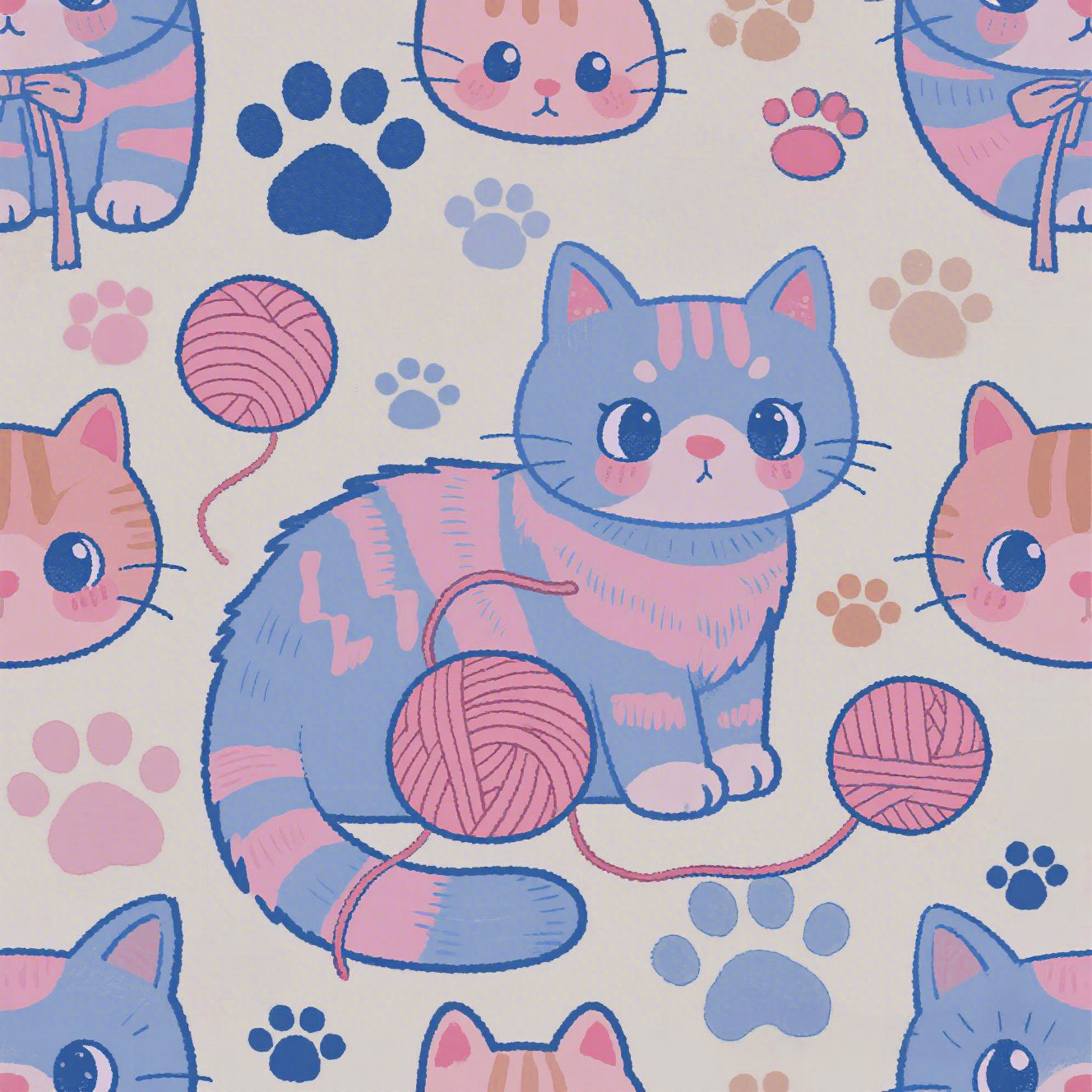 Sweet pastel blue and pink cartoon cats, cute kawaii style kittens with yarn and paw prints, charming and playful animal design, light cream background, delightful pet pattern