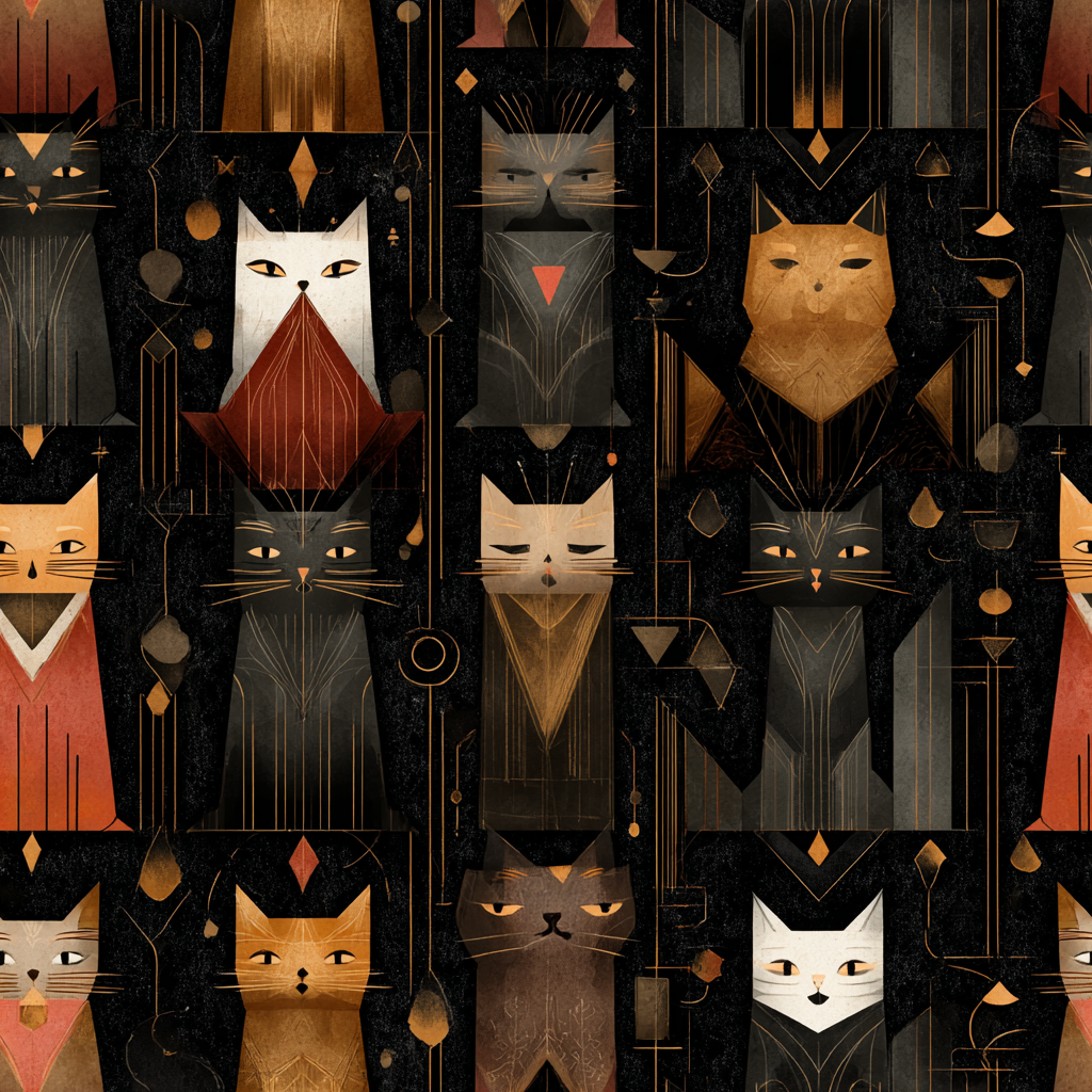 A striking and sophisticated Art Deco-style pattern of felines with bold, intricate lines and dramatic geometric shapes, all rendered in a unique gold and gray color palette.