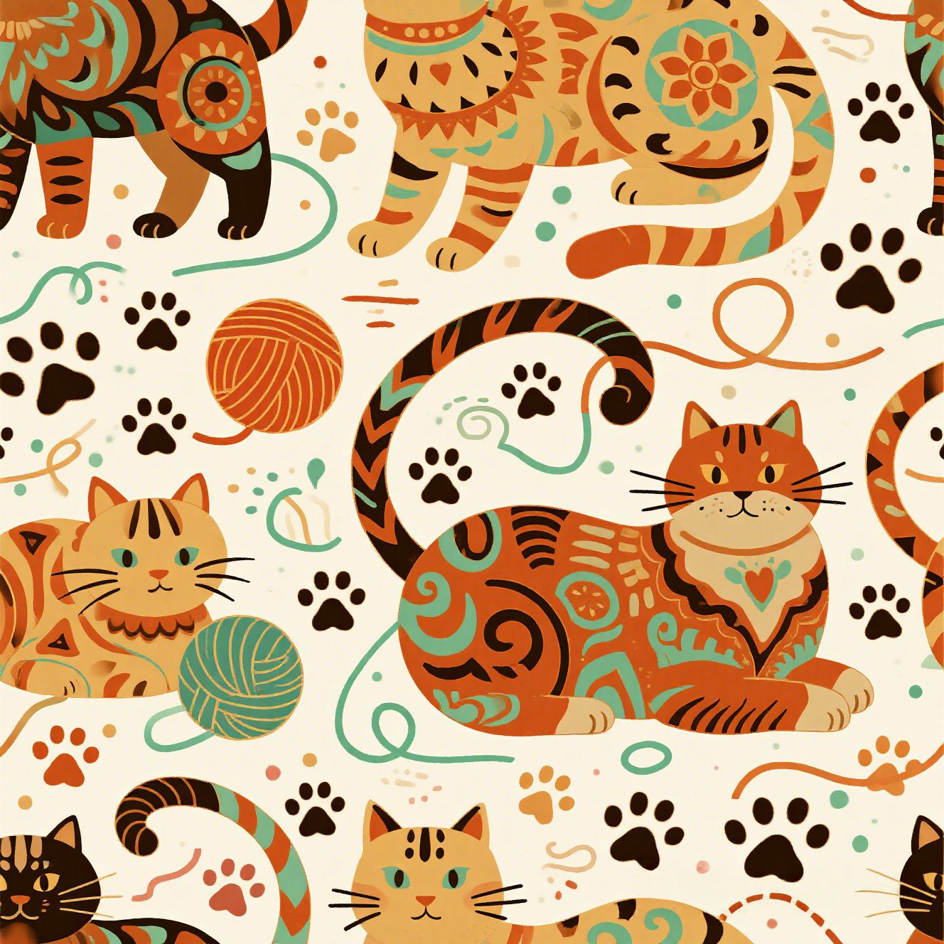 Colorful folk art patterned cats, vibrant orange and teal hues, playful felines with yarn and paw prints, bohemian animal illustration, cream background, artistic and cheerful design