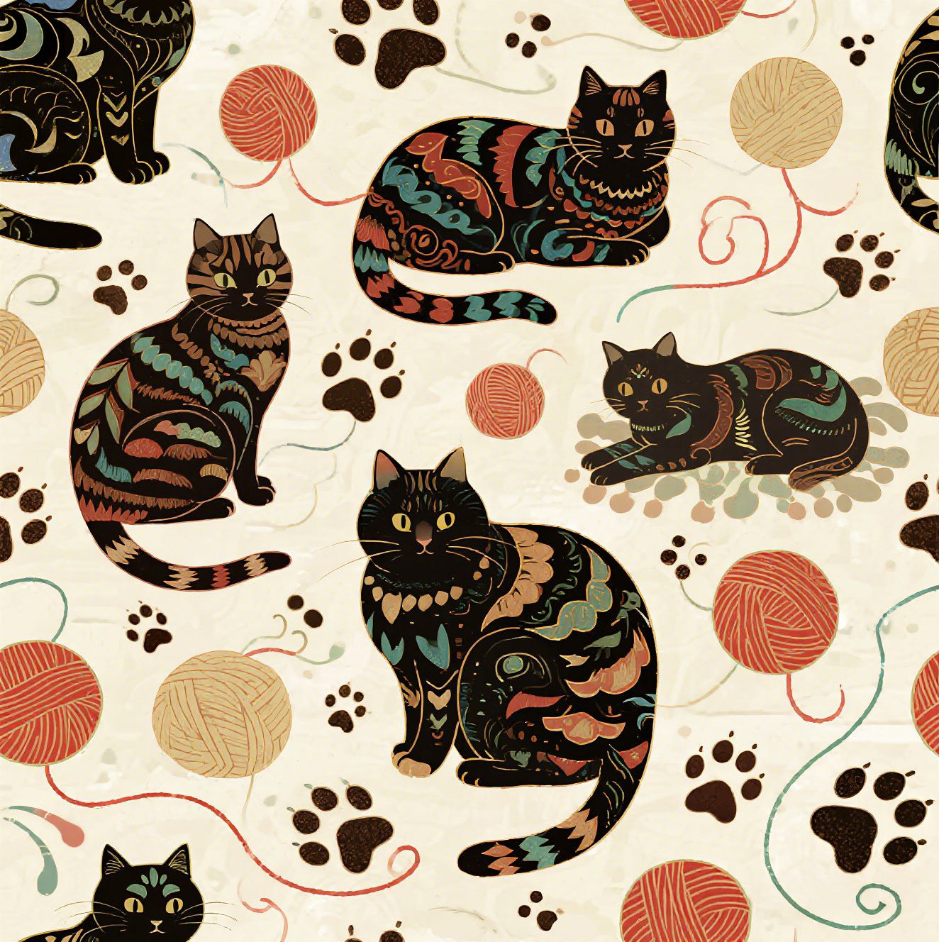 Intricate tribal patterned black cats, colorful folk art style, playful felines with yarn balls and paw prints, artistic and bohemian cat design, cream background, unique animal print