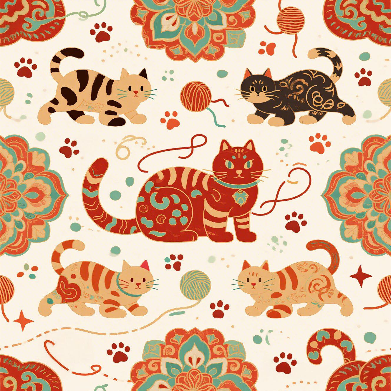 Vibrant boho chic cats and mandalas, colorful folk art style, playful felines with yarn and paw prints, artistic and bohemian cat design, cream background, unique animal print