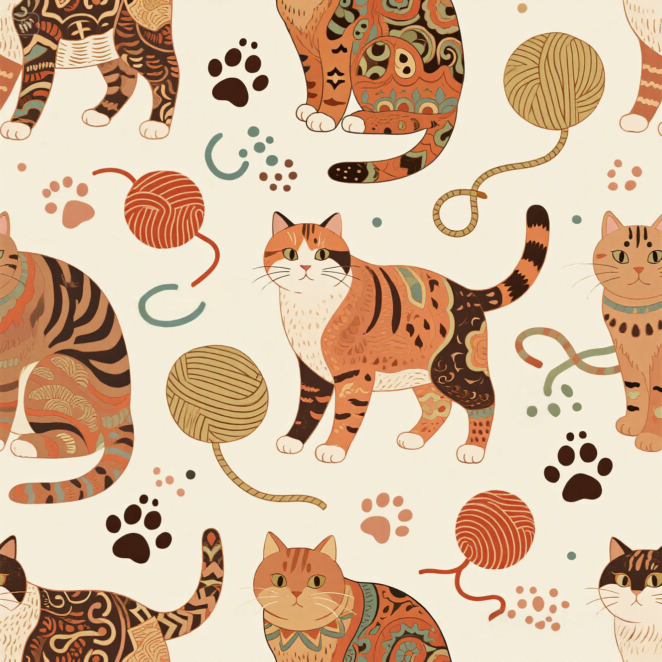 Artistic patterned cats in warm earth tones, unique tribal and folk art designs, playful felines with yarn and paw prints, bohemian animal print, cream background, creative cat art