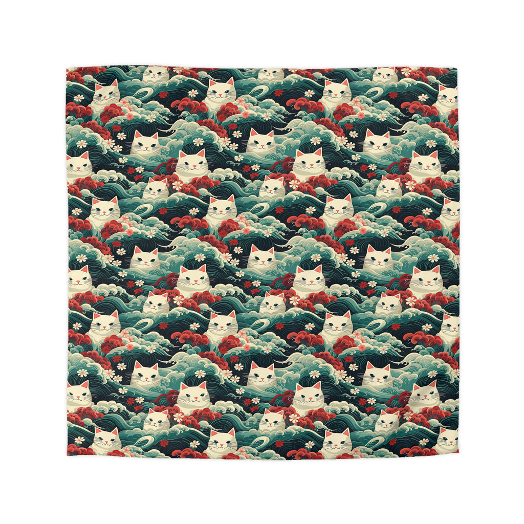 Duvet Cover - A dramatic and powerful Japanese woodblock print-style illustration of cats amidst powerful waves, red flowers, and white cherry blossoms.